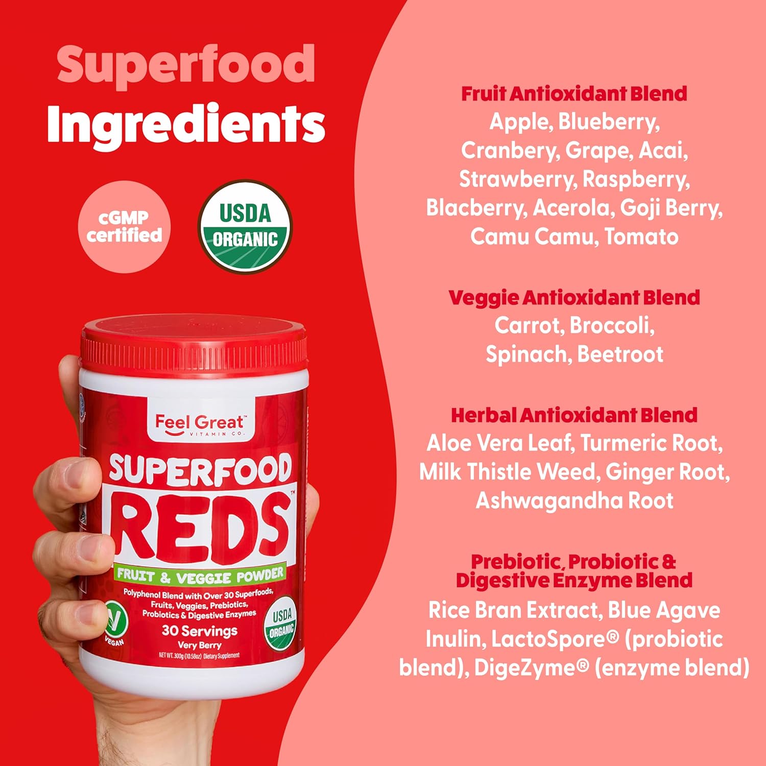 Organic Superfood Reds Powder with Beet Root for Digestive Support and Bloating Relief - Fruit and Veggie Polyphenols Supplement by Feel Great Vitamin Company
