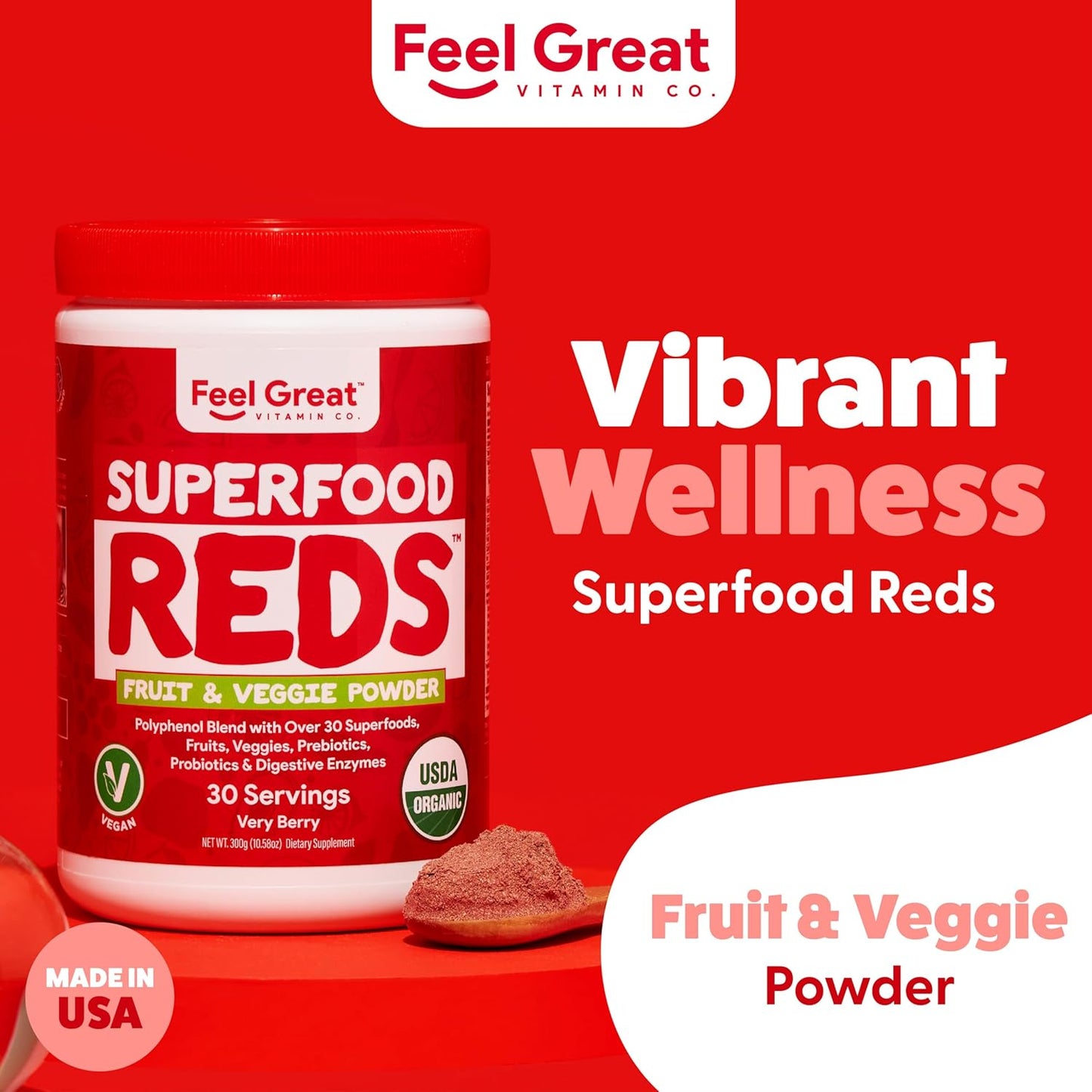 Organic Superfood Reds Powder with Beet Root for Digestive Support and Bloating Relief - Fruit and Veggie Polyphenols Supplement by Feel Great Vitamin Company
