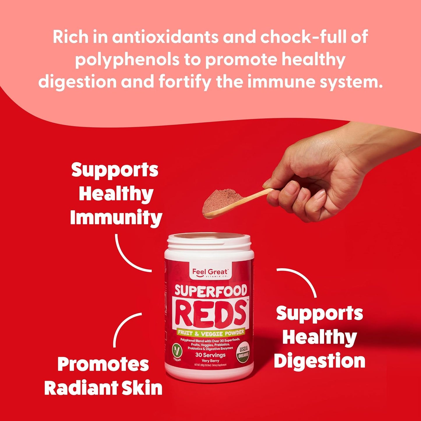 Organic Superfood Reds Powder with Beet Root for Digestive Support and Bloating Relief - Fruit and Veggie Polyphenols Supplement by Feel Great Vitamin Company
