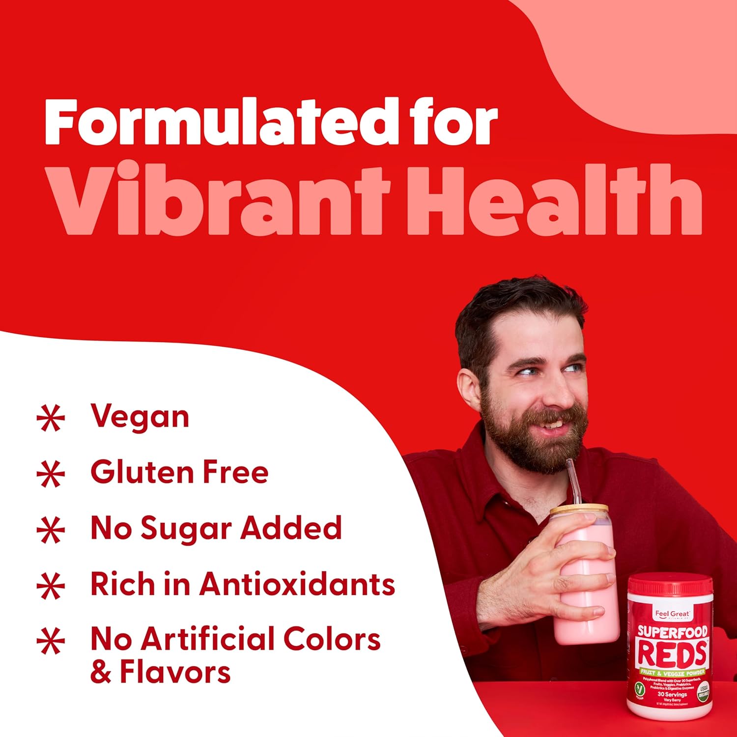 Organic Superfood Reds Powder with Beet Root for Digestive Support and Bloating Relief - Fruit and Veggie Polyphenols Supplement by Feel Great Vitamin Company