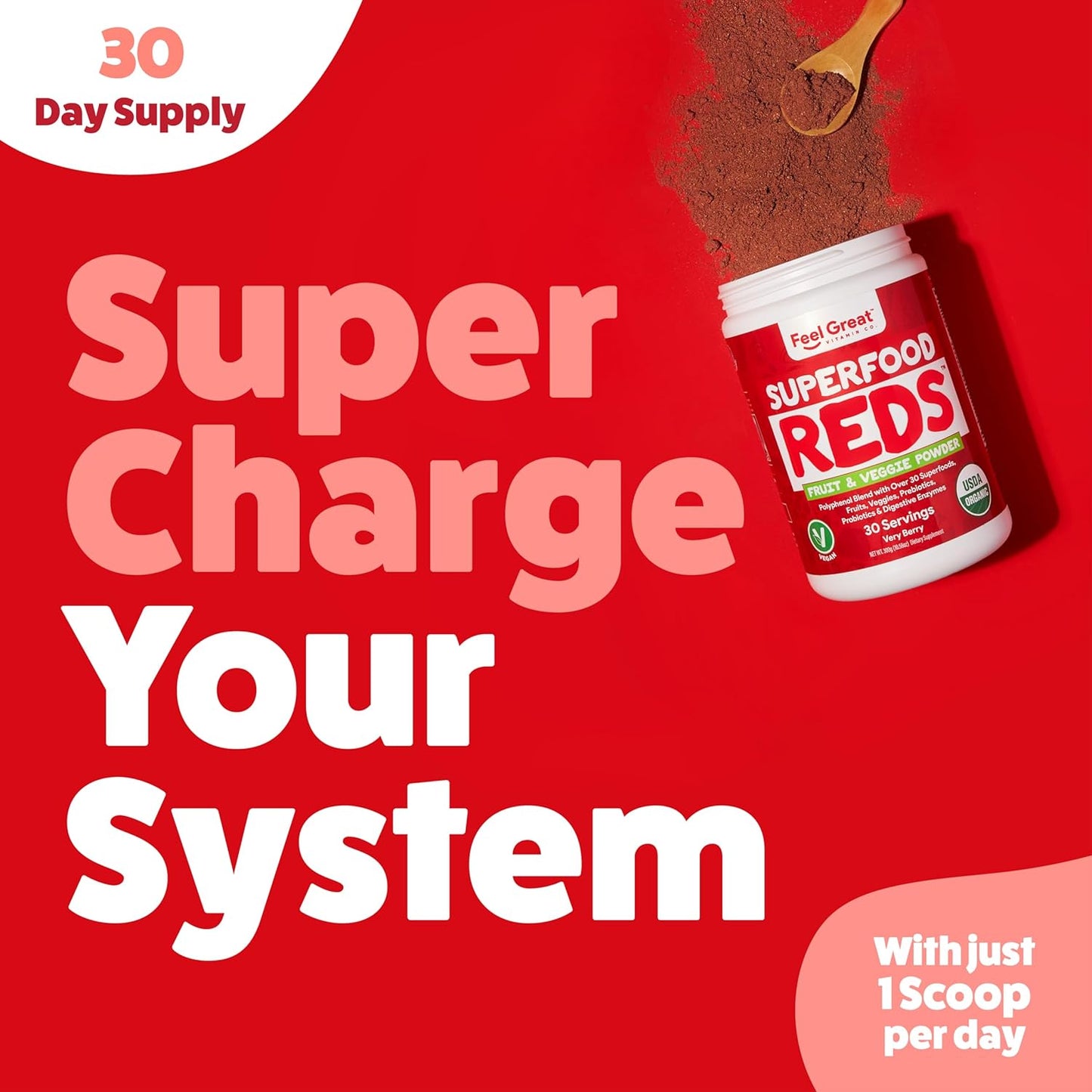 Organic Superfood Reds Powder with Beet Root for Digestive Support and Bloating Relief - Fruit and Veggie Polyphenols Supplement by Feel Great Vitamin Company