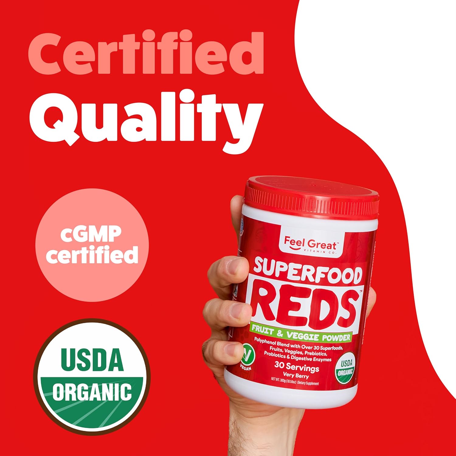 Organic Superfood Reds Powder with Beet Root for Digestive Support and Bloating Relief - Fruit and Veggie Polyphenols Supplement by Feel Great Vitamin Company