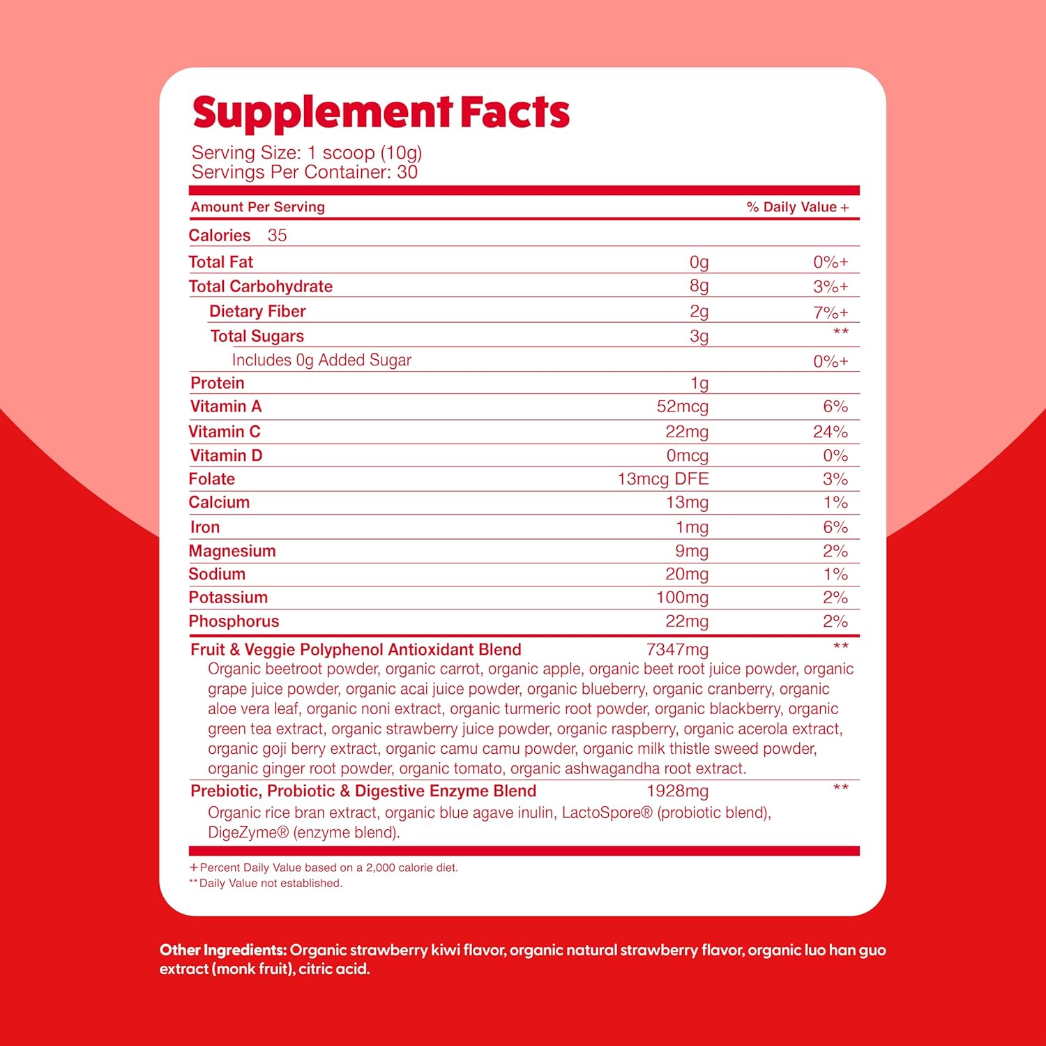 Organic Superfood Reds Powder with Beet Root for Digestive Support and Bloating Relief - Fruit and Veggie Polyphenols Supplement by Feel Great Vitamin Company