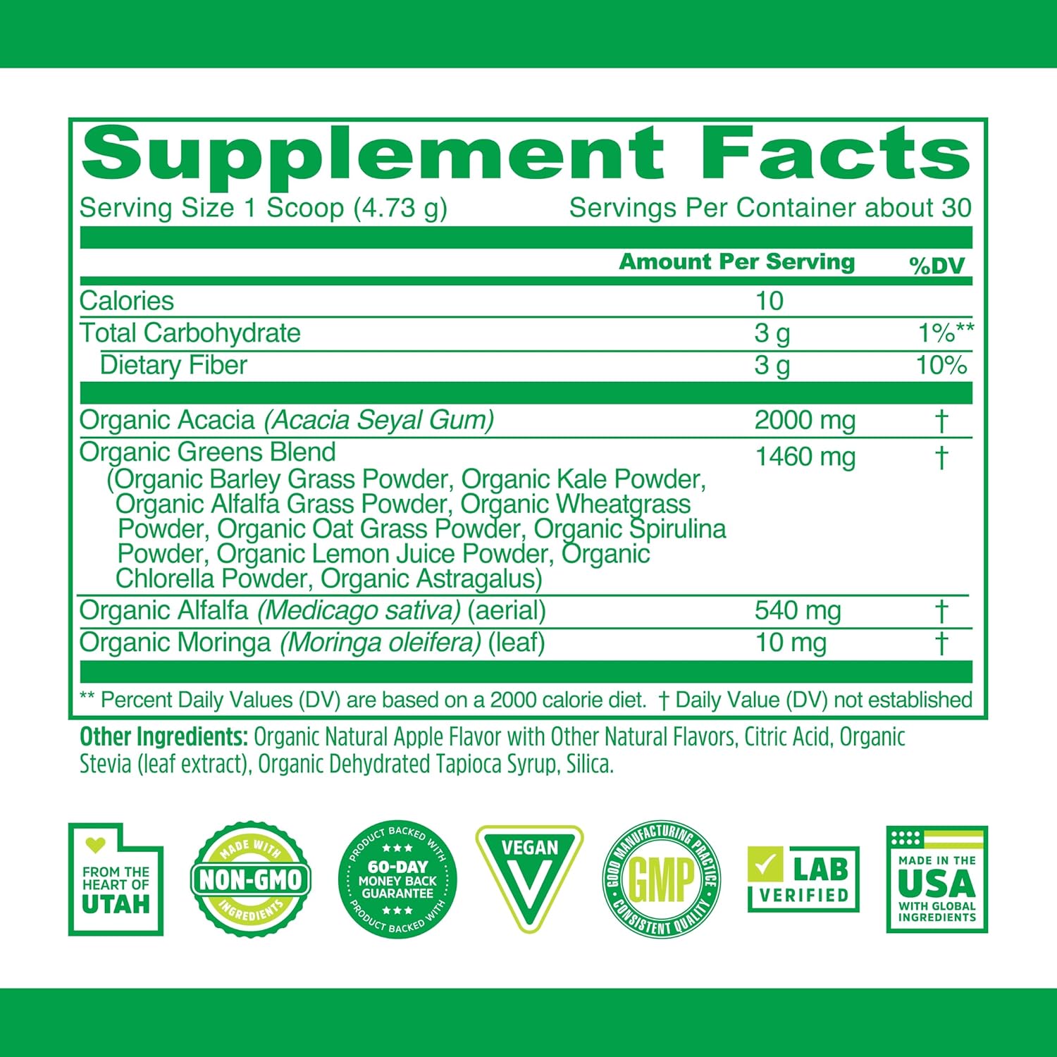 Organic Superfood Smoothie Mix with Spirulina, Chlorella, Wheatgrass, and Kale for Energy and Immune Support - Vegan, Non-GMO (30 Servings)
