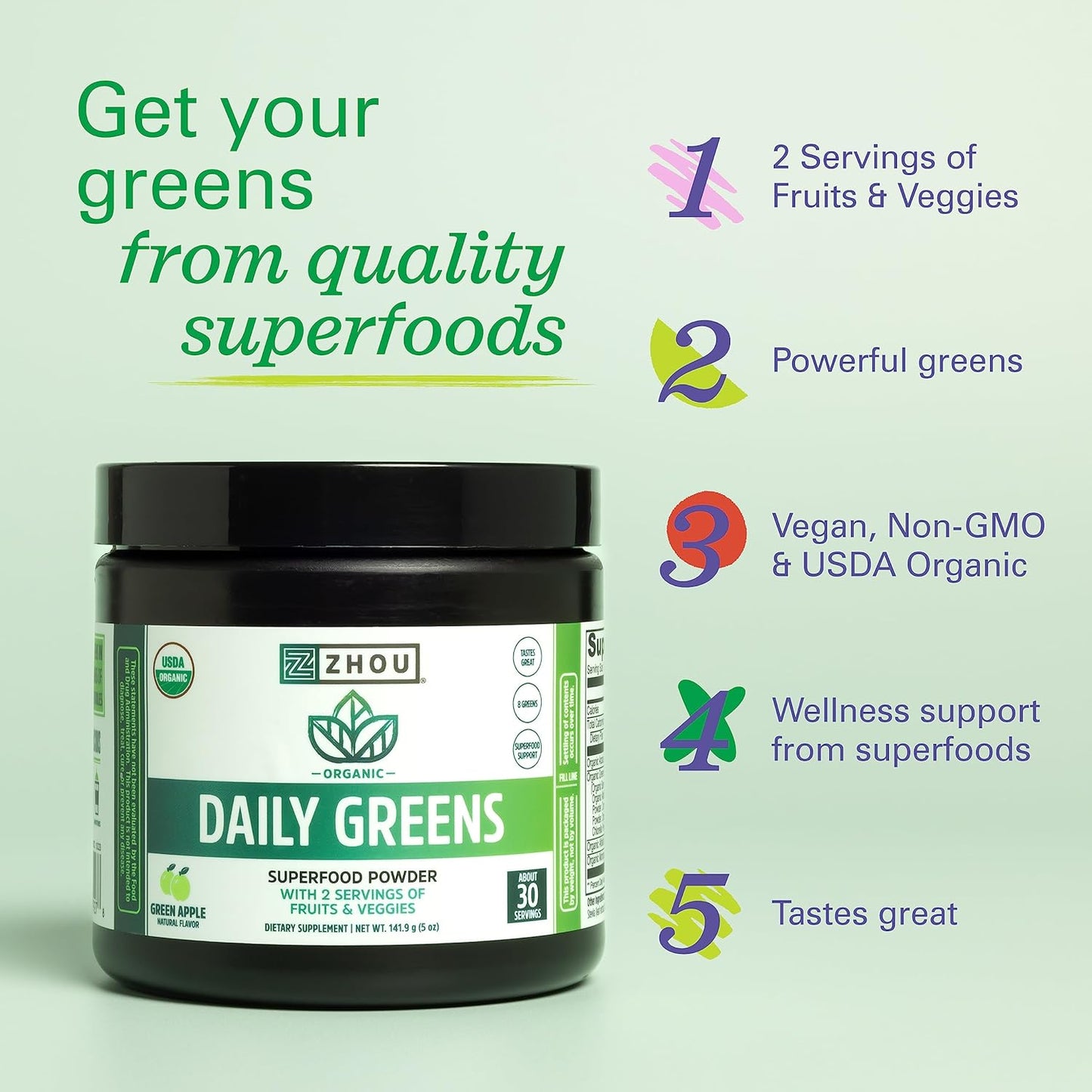 Organic Superfood Smoothie Mix with Spirulina, Chlorella, Wheatgrass, and Kale for Energy and Immune Support - Vegan, Non-GMO (30 Servings)
