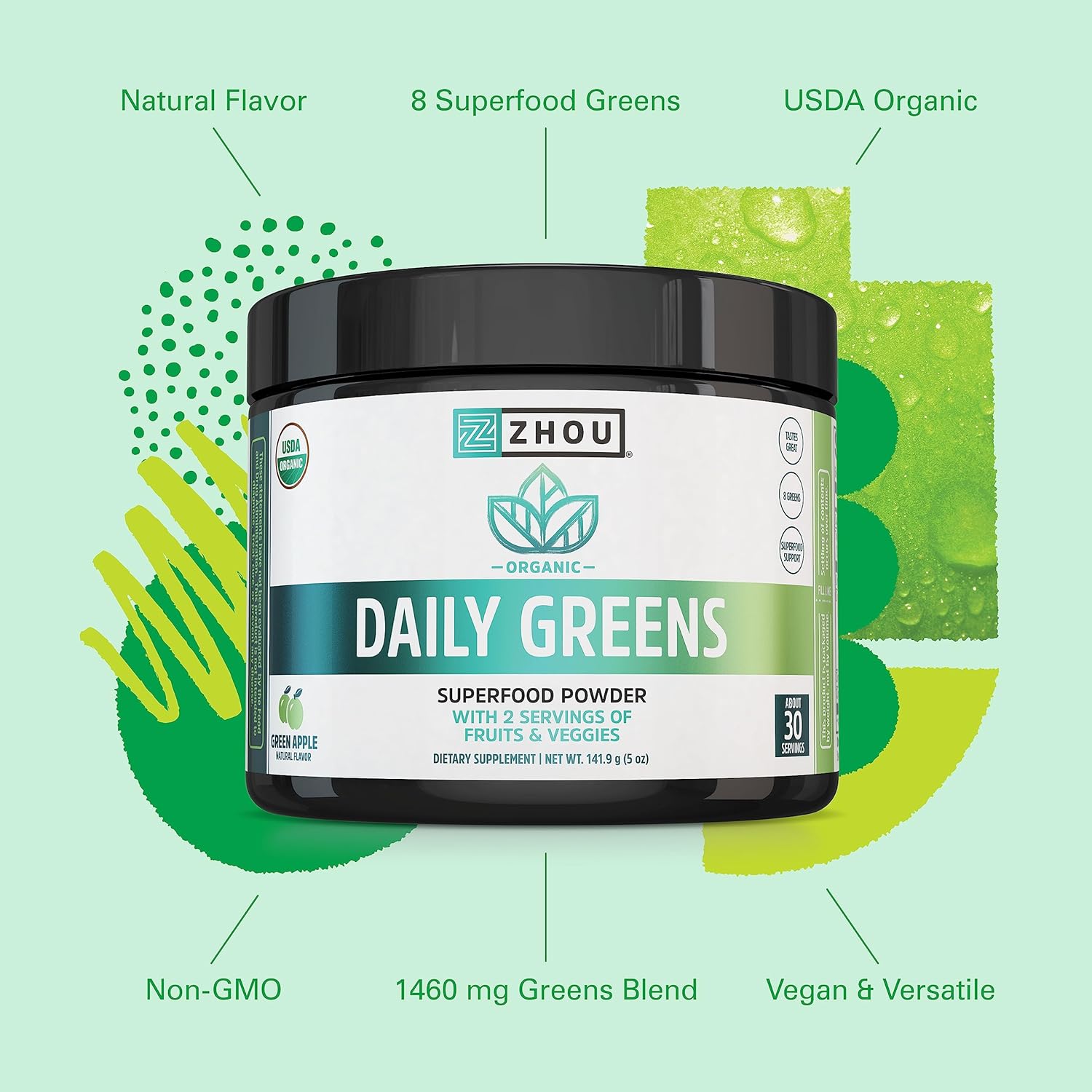 Organic Superfood Smoothie Mix with Spirulina, Chlorella, Wheatgrass, and Kale for Energy and Immune Support - Vegan, Non-GMO (30 Servings)