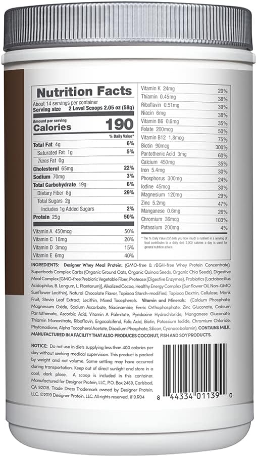 Organic Superfood Whey Protein Meal Replacement Powder, Designer Wellness 1.72lb Gluten-Free Milk Chocolate