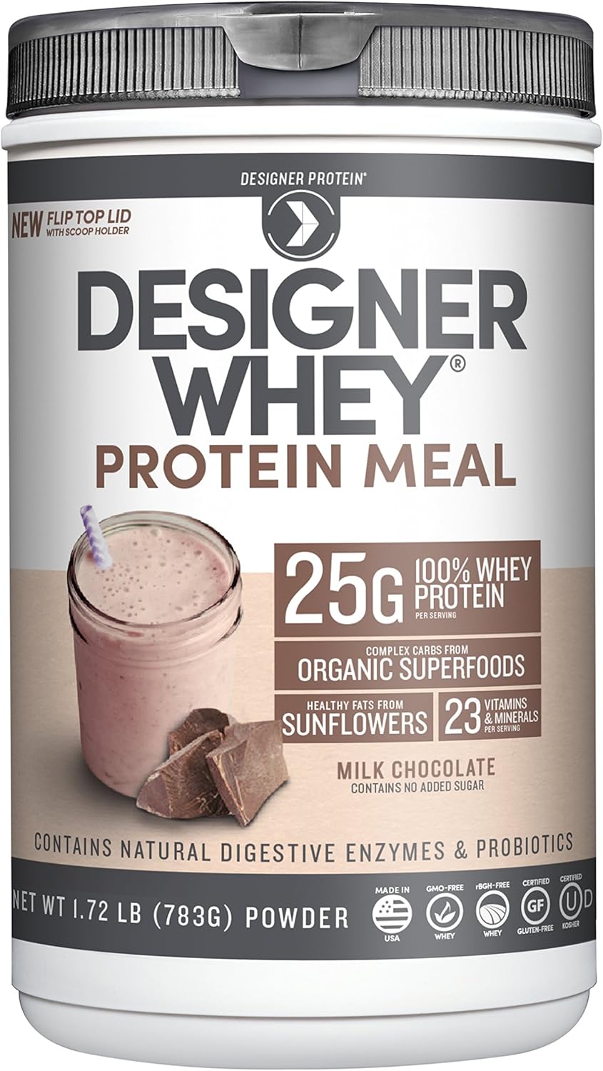 Organic Superfood Whey Protein Meal Replacement Powder, Designer Wellness 1.72lb Gluten-Free Milk Chocolate