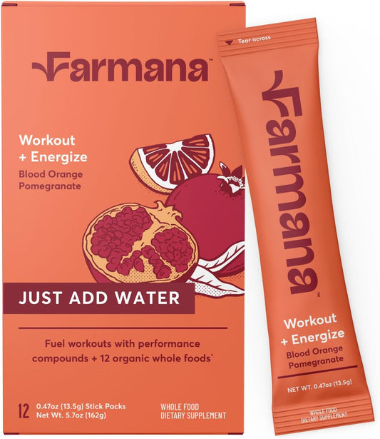 Organic Superfoods Pre-Workout Drink Mix with Amino Acids - Caffeine-Free Active Nutrition Supplement - Blood Orange Pomegranate Flavor