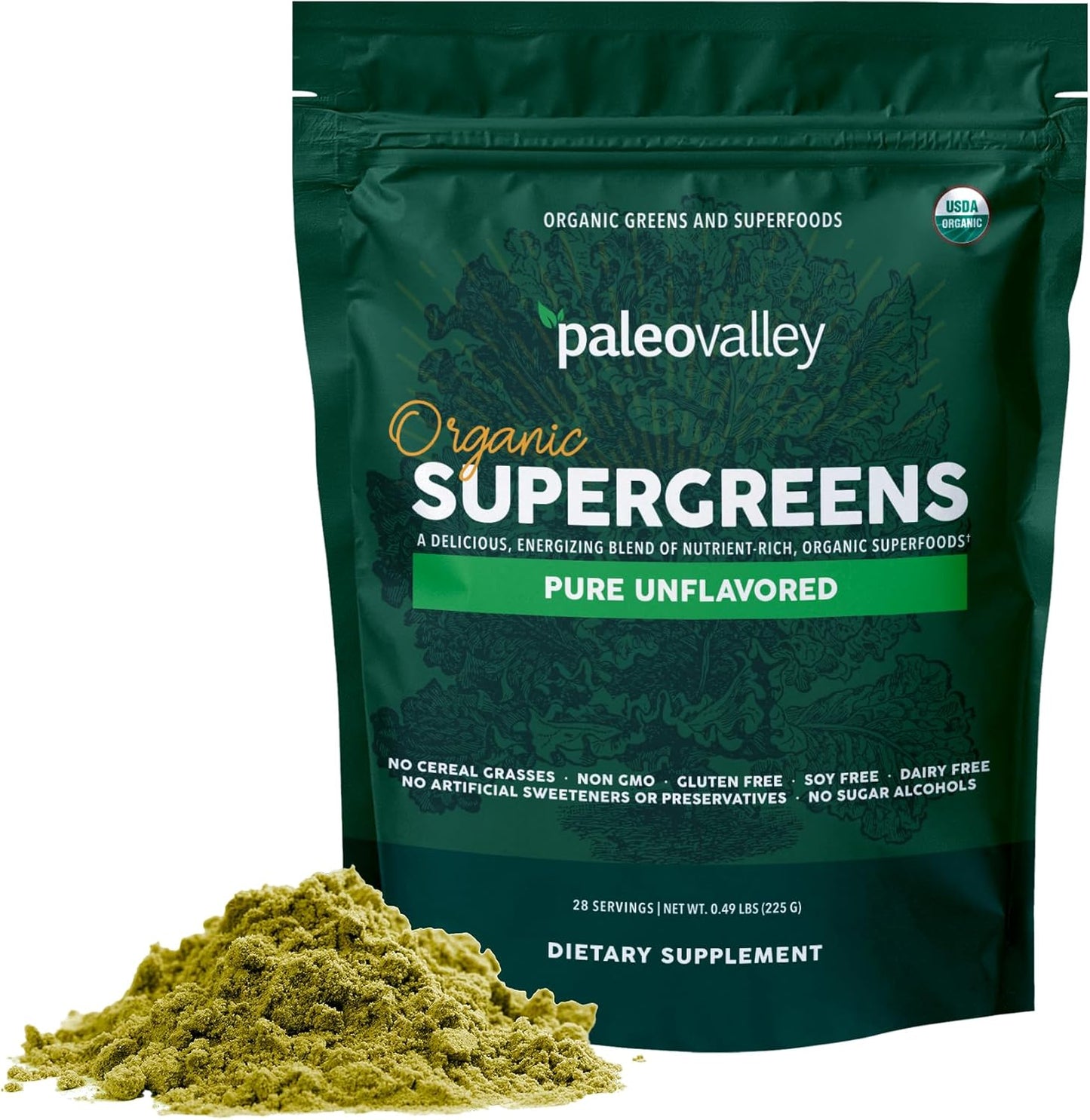 Organic Supergreens Powder with Prebiotic Fiber for Energy and Immunity Support - 23 Superfoods for Maximum Absorption - Unflavored, 30 Servings