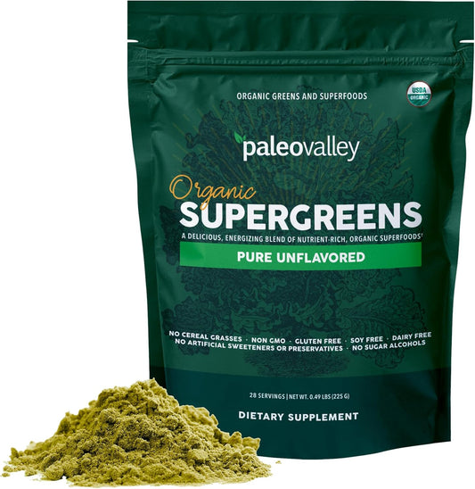 Organic Supergreens Powder with Prebiotic Fiber for Energy and Immunity Support - 23 Superfoods for Maximum Absorption - Unflavored, 30 Servings