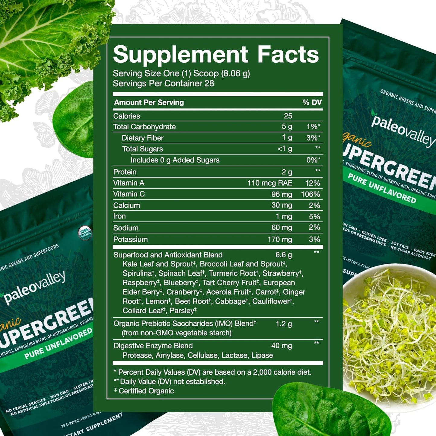 Organic Supergreens Powder with Prebiotic Fiber for Energy and Immunity Support - 23 Superfoods for Maximum Absorption - Unflavored, 30 Servings