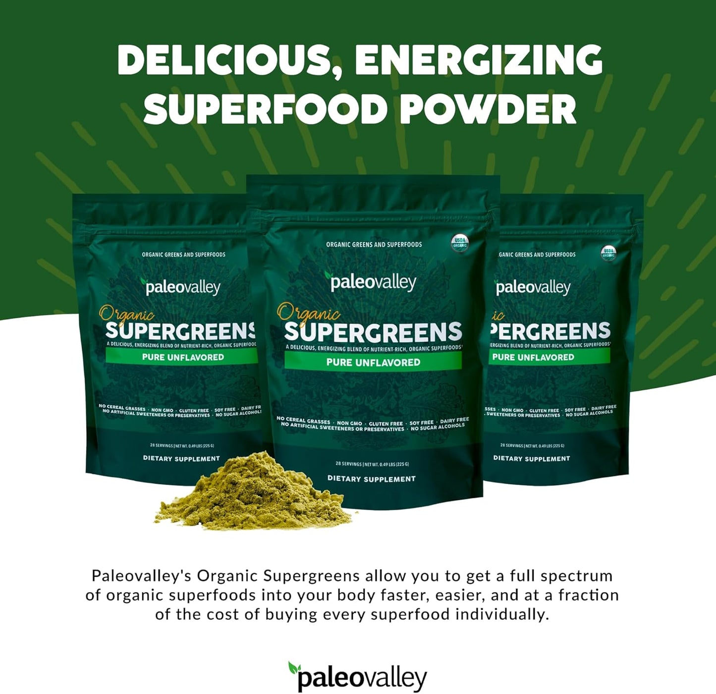 Organic Supergreens Powder with Prebiotic Fiber for Energy and Immunity Support - 23 Superfoods for Maximum Absorption - Unflavored, 30 Servings