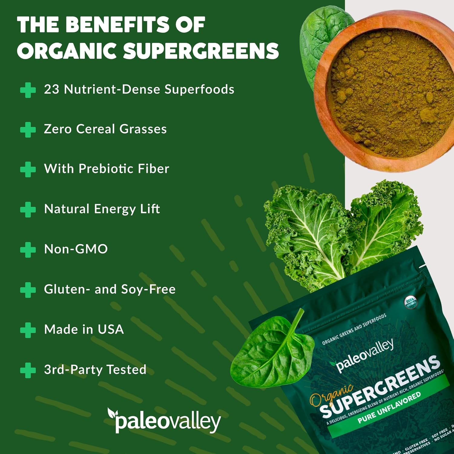 Organic Supergreens Powder with Prebiotic Fiber for Energy and Immunity Support - 23 Superfoods for Maximum Absorption - Unflavored, 30 Servings