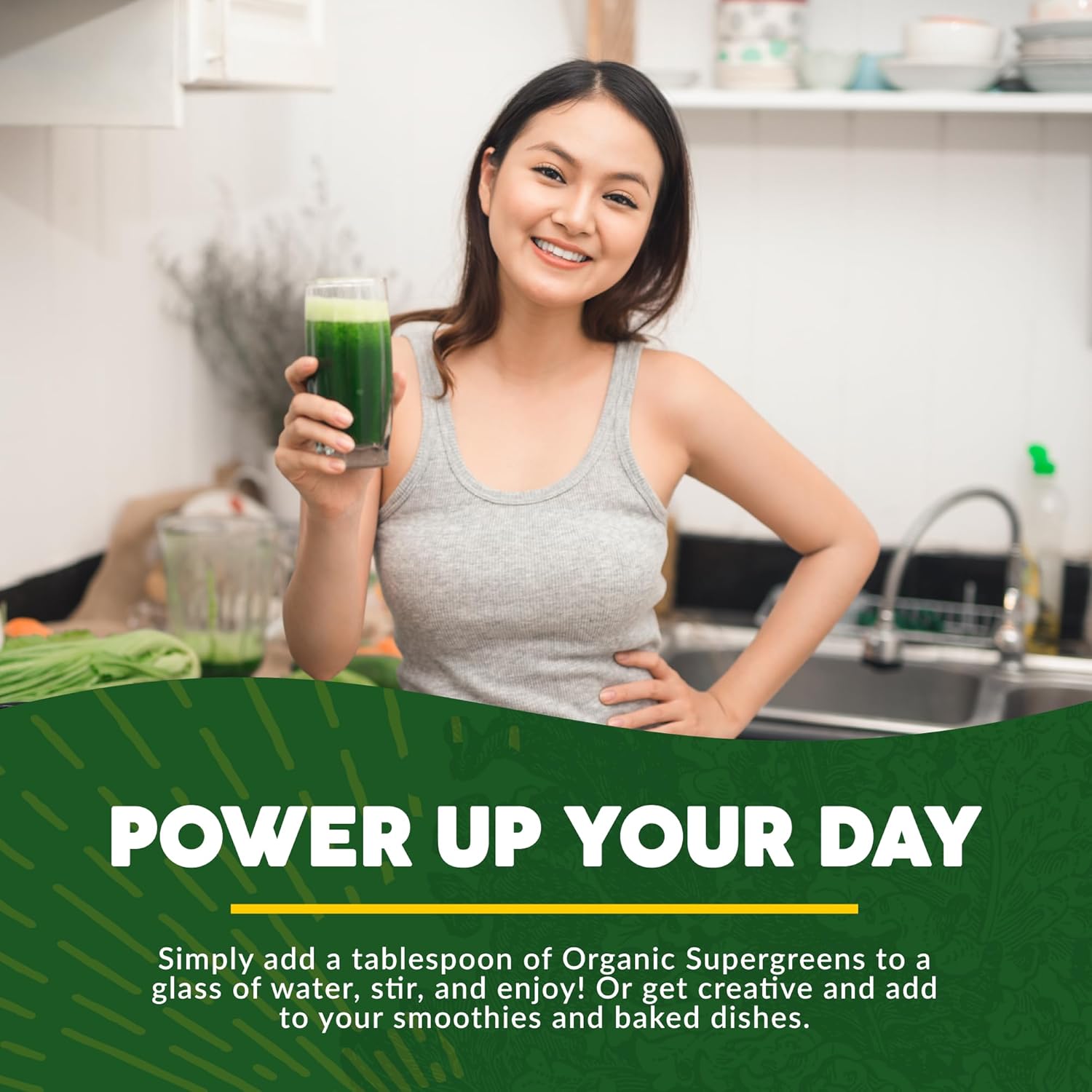 Organic Supergreens Powder with Prebiotic Fiber for Energy and Immunity Support - 23 Superfoods for Maximum Absorption - Unflavored, 30 Servings