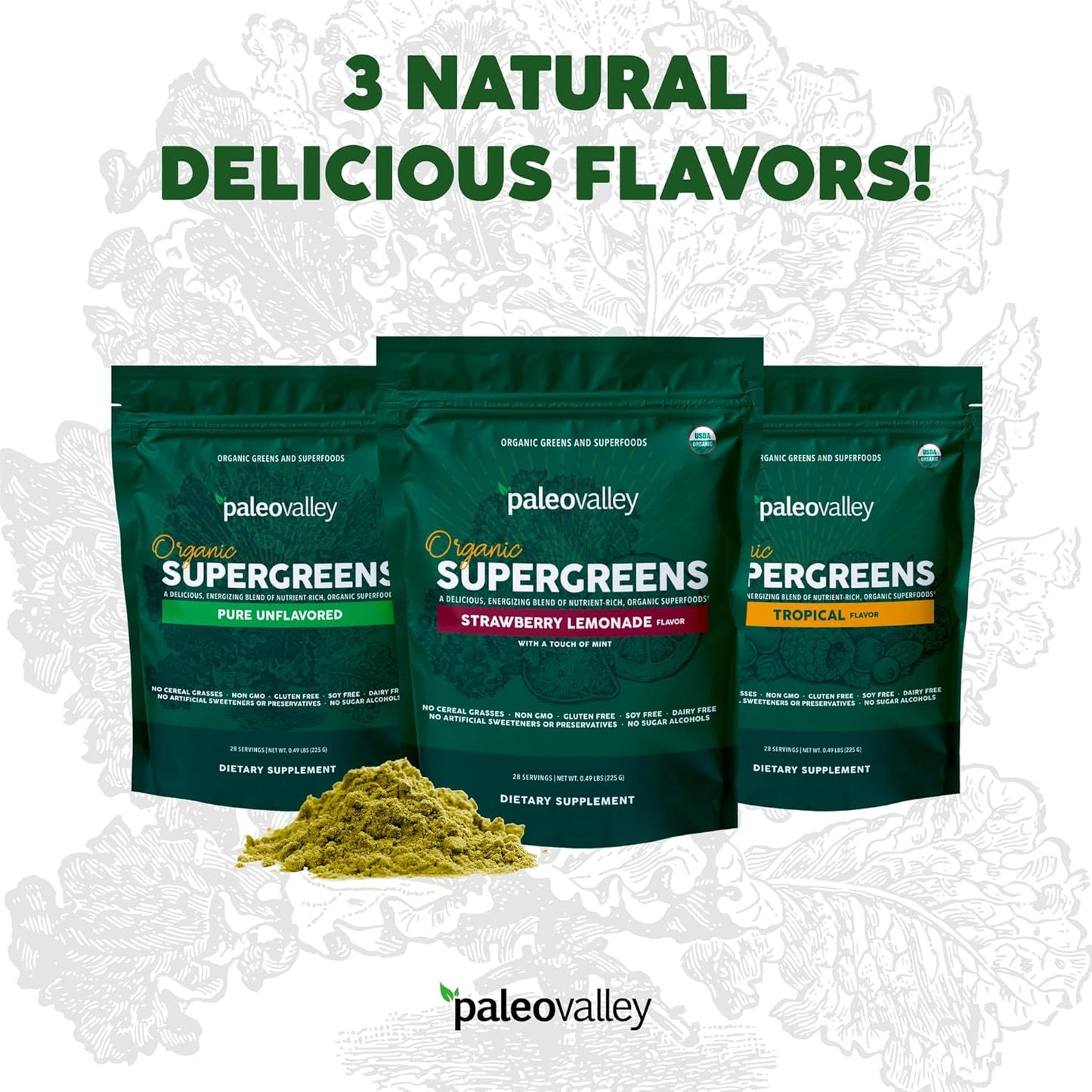Organic Supergreens Powder with Prebiotic Fiber for Energy and Immunity Support - 23 Superfoods for Maximum Absorption - Unflavored, 30 Servings