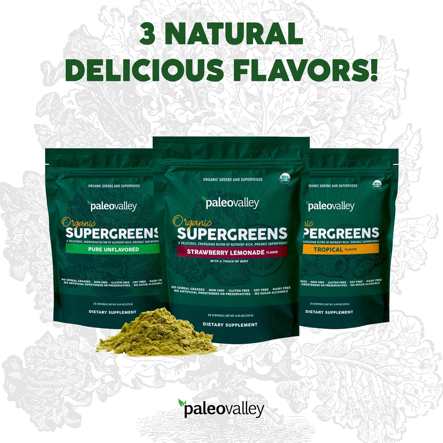 Organic Supergreens Powder with Prebiotic Fiber for Energy and Immunity Support - 23 Superfoods for Maximum Absorption - Unflavored, 30 Servings