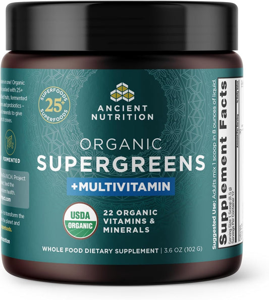 Organic SuperGreens Powder with Probiotics & Multivitamin Greens - Real Fruits, Vegetables, & Herbs - Digestive & Energy Support - 12 Servings - 3.6oz