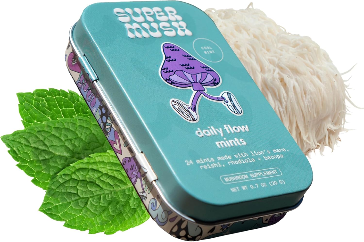 Organic SuperMush Daily Flow and Focus Mint Supplement with Lions Mane, Reishi, Rhodiola & Bacopa Monnieri Extracts - 20g