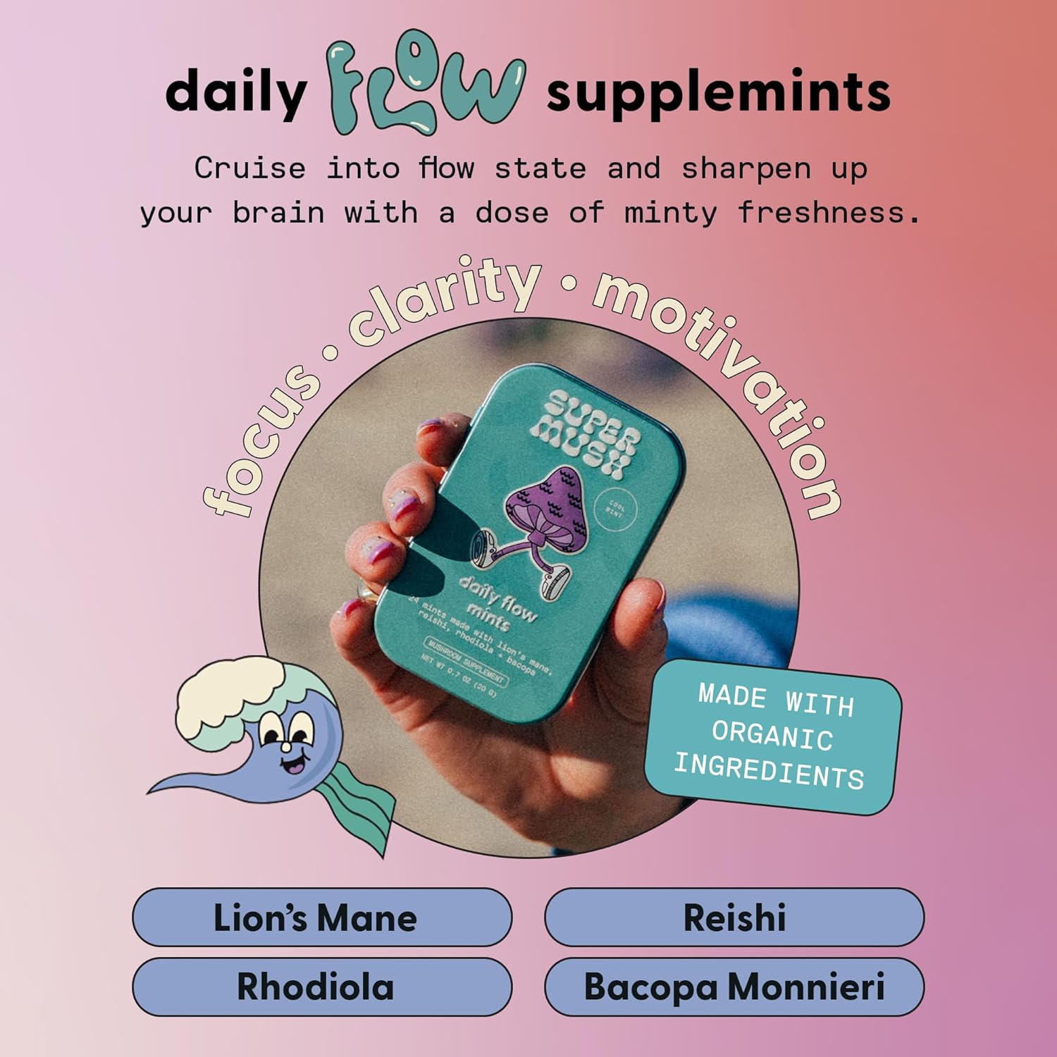 Organic SuperMush Daily Flow and Focus Mint Supplement with Lions Mane, Reishi, Rhodiola & Bacopa Monnieri Extracts - 20g