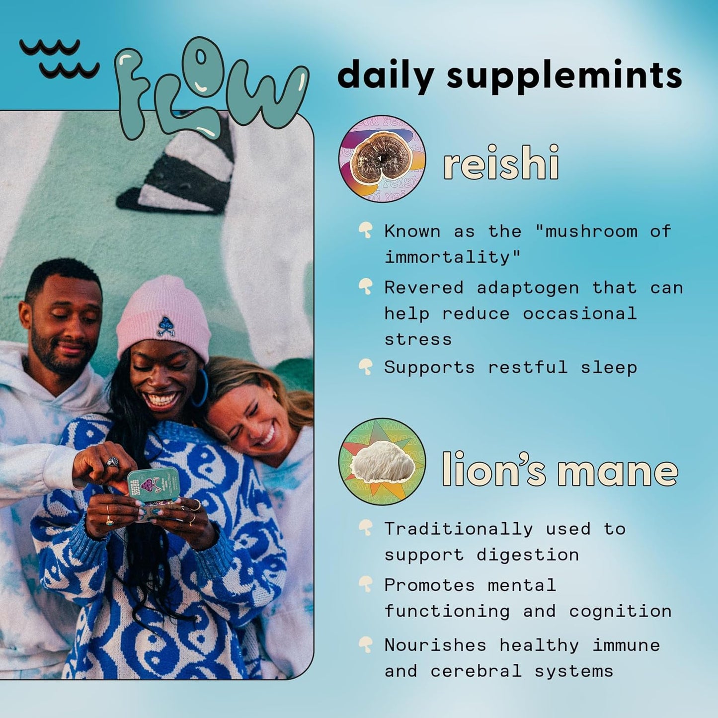 Organic SuperMush Daily Flow and Focus Mint Supplement with Lions Mane, Reishi, Rhodiola & Bacopa Monnieri Extracts - 20g