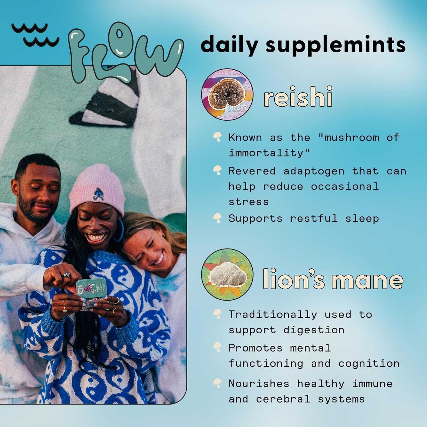 Organic SuperMush Daily Flow and Focus Mint Supplement with Lions Mane, Reishi, Rhodiola & Bacopa Monnieri Extracts - 20g