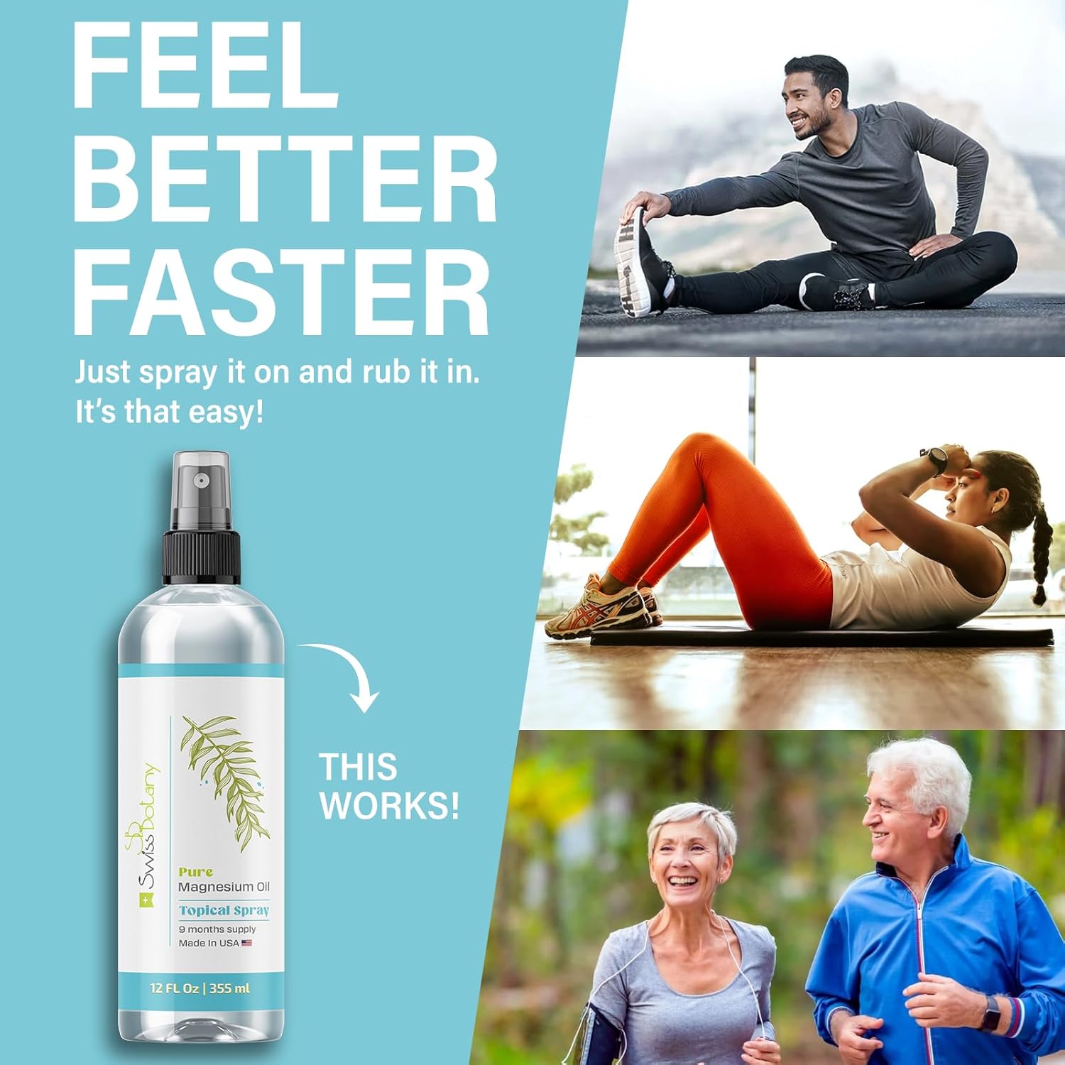 Organic Swiss Botany Magnesium Oil Spray for Feet - 12 fl oz - USP Grade Topical Spray - Long Lasting - Natural Source - Includes eBook - Made in USA