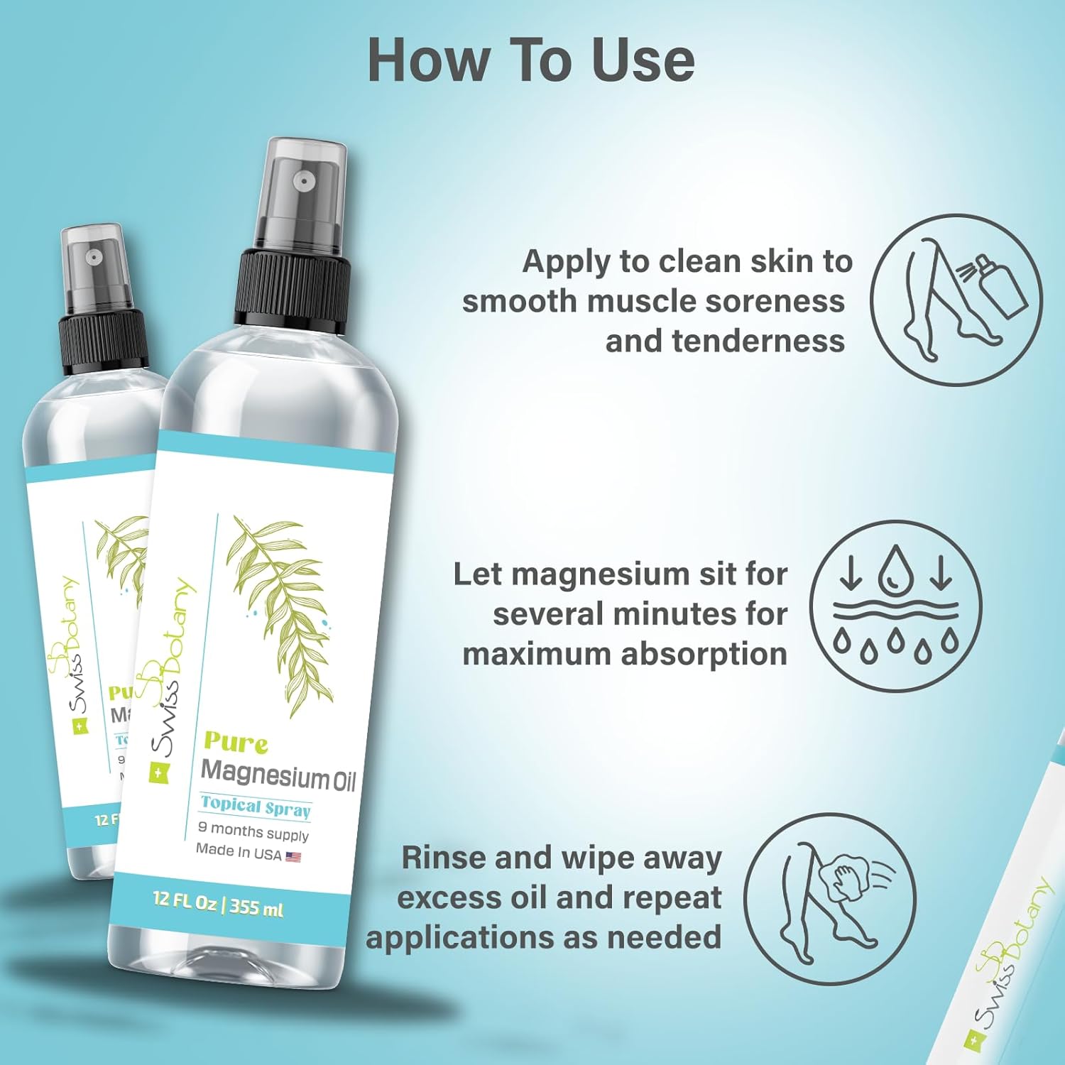 Organic Swiss Botany Magnesium Oil Spray for Feet - 12 fl oz - USP Grade Topical Spray - Long Lasting - Natural Source - Includes eBook - Made in USA