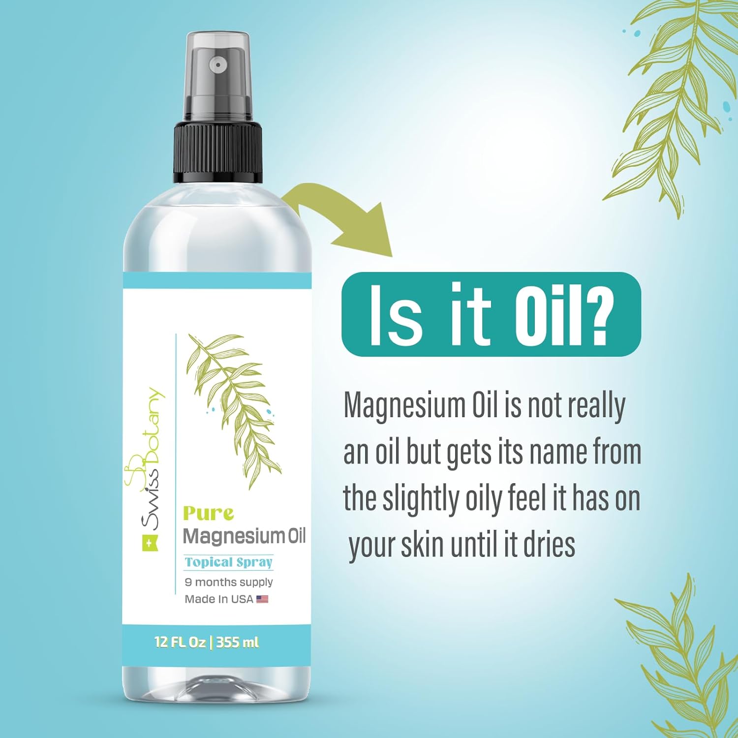 Organic Swiss Botany Magnesium Oil Spray for Feet - 12 fl oz - USP Grade Topical Spray - Long Lasting - Natural Source - Includes eBook - Made in USA