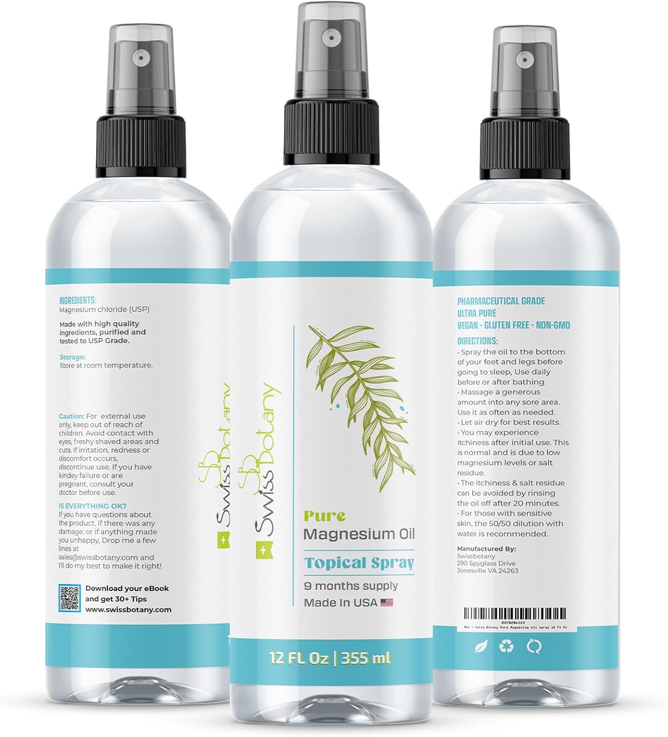 Organic Swiss Botany Magnesium Oil Spray for Feet - 12 fl oz - USP Grade Topical Spray - Long Lasting - Natural Source - Includes eBook - Made in USA