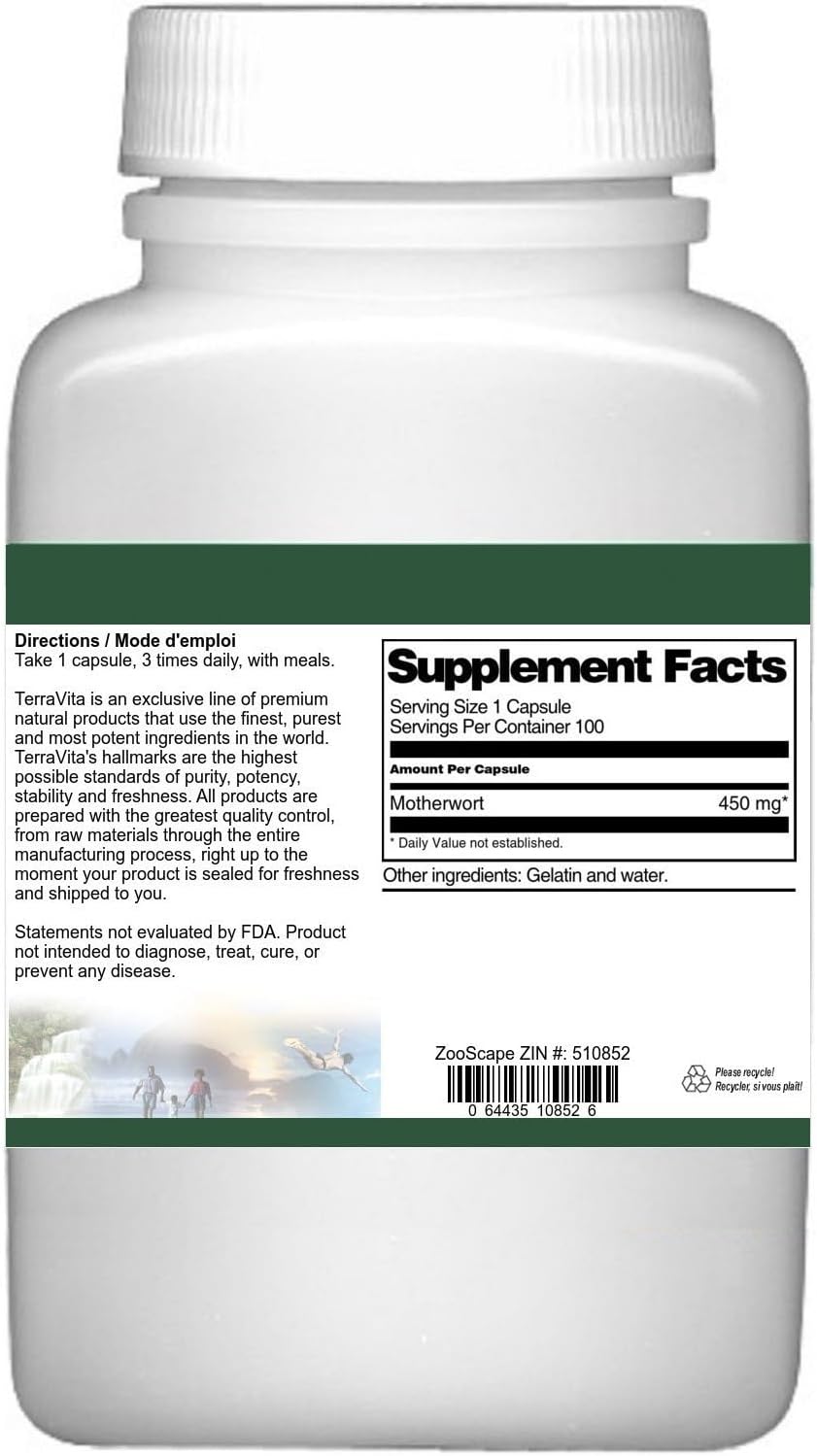 Organic Terravita Motherwort Capsules - 450mg (100 Count, ZIN: 510852)
