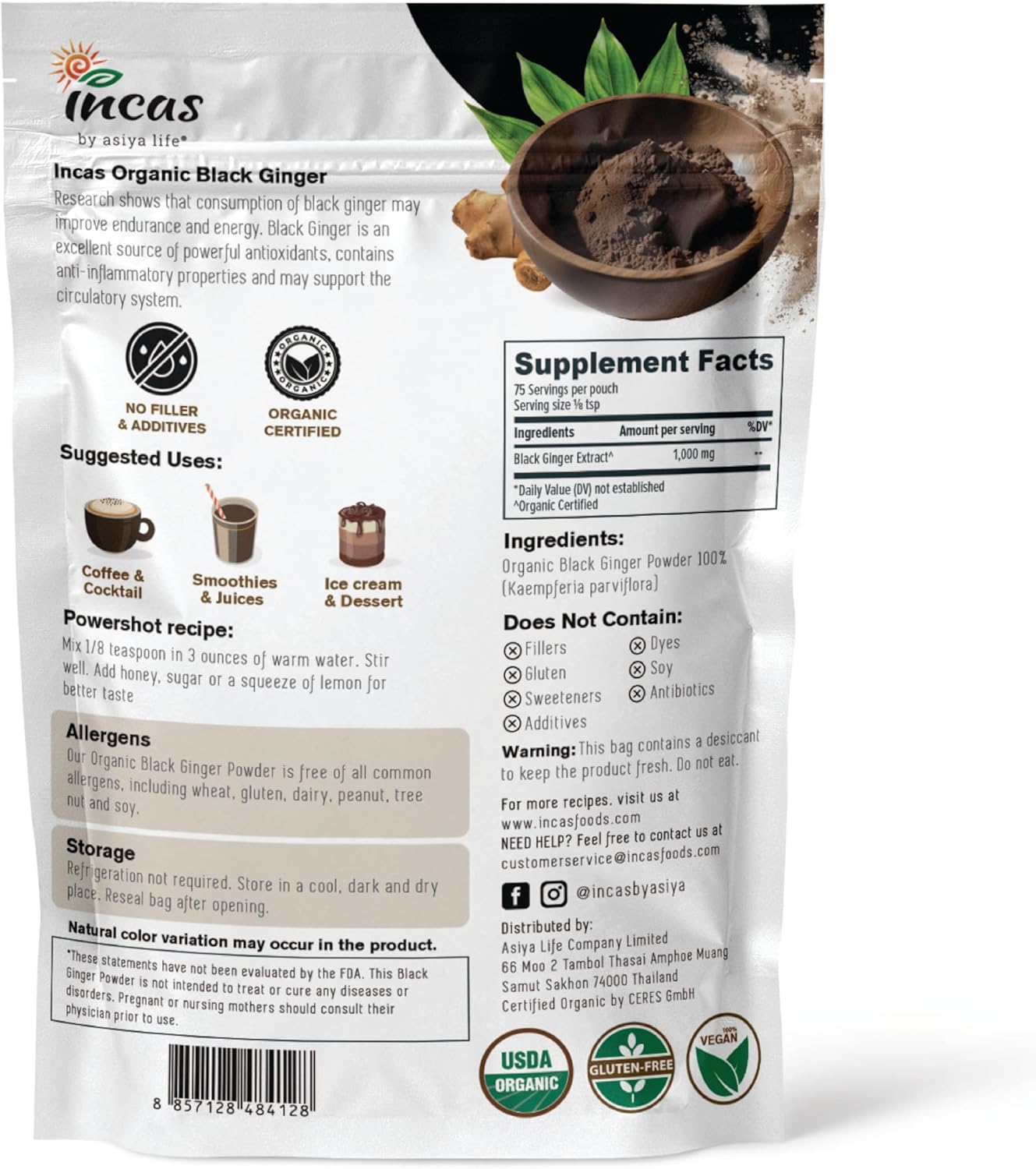 Organic Thai Black Ginger Powder for Men - 2.65oz - Non GMO Herbal Supplement for Energy & Endurance