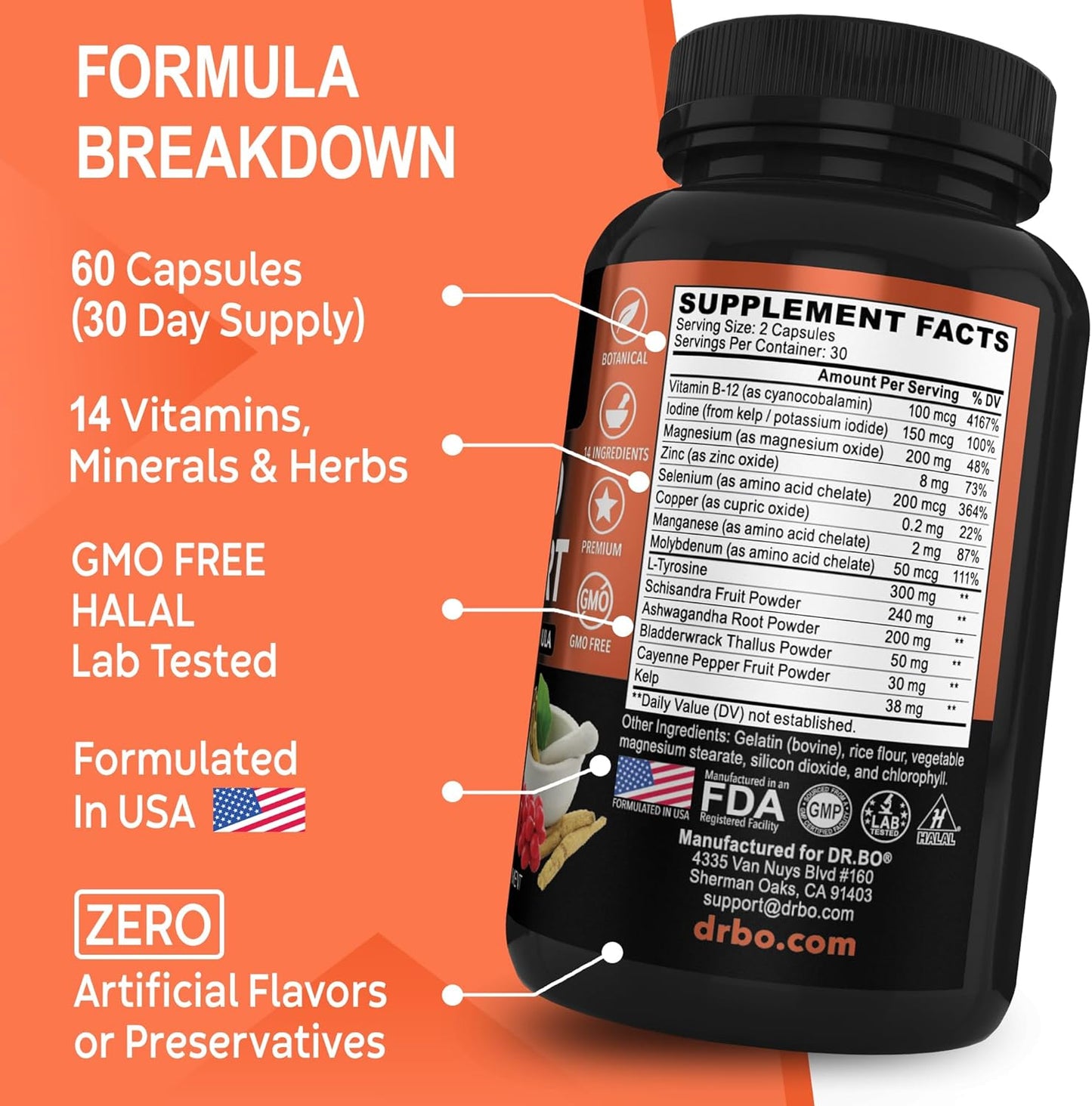 Organic Thyroid & Adrenal Support Liquid Drops with L-Tyrosine, Selenium, Iodine - Natural Brain & Memory Focus Supplement