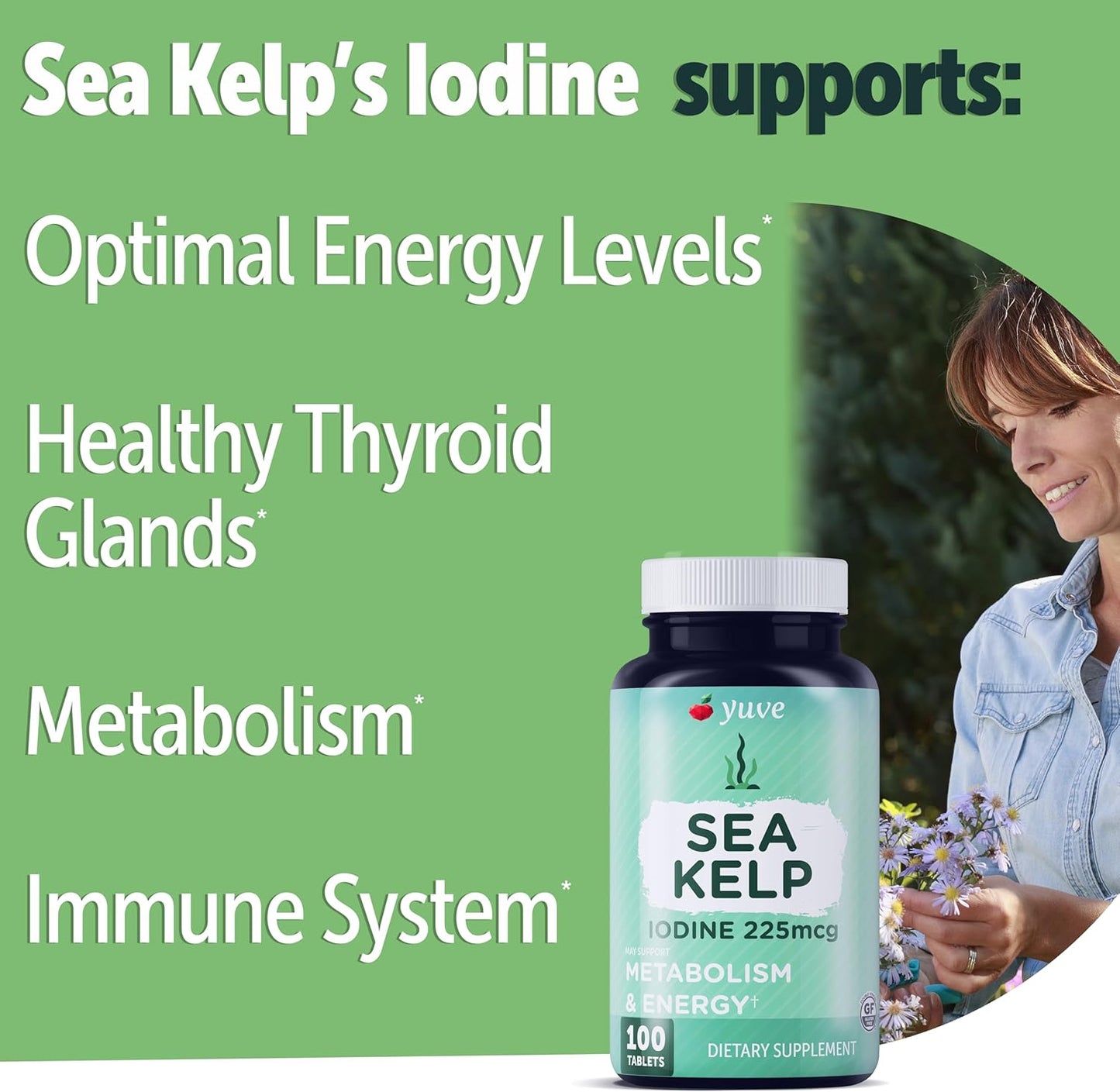 Organic Thyroid Support Supplements for Women – Natural Iodine & Energy Boost, Plant-Based Seaweed Tablets, Non-GMO - 100 Count