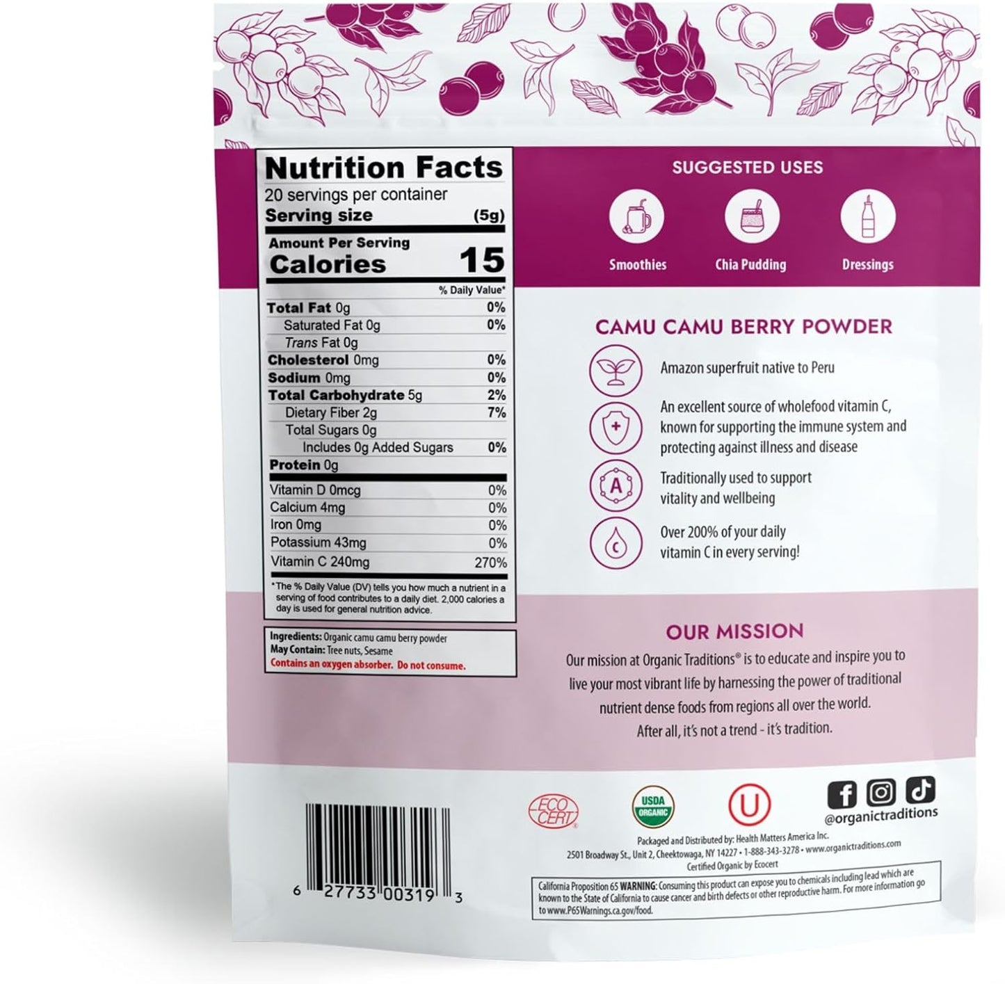 Organic Traditions Camu Camu Berry Powder - 100g Bag, Superfood for Smoothies & More