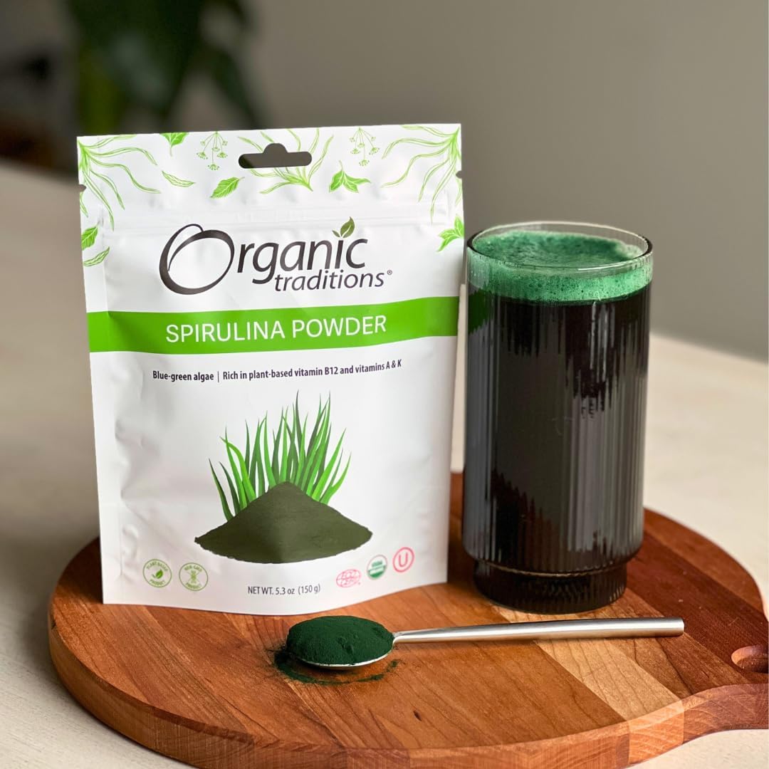 Organic Traditions Spirulina Powder - Vegan Non-GMO Superfood, 5.3oz Bag (150g) - 50 Servings