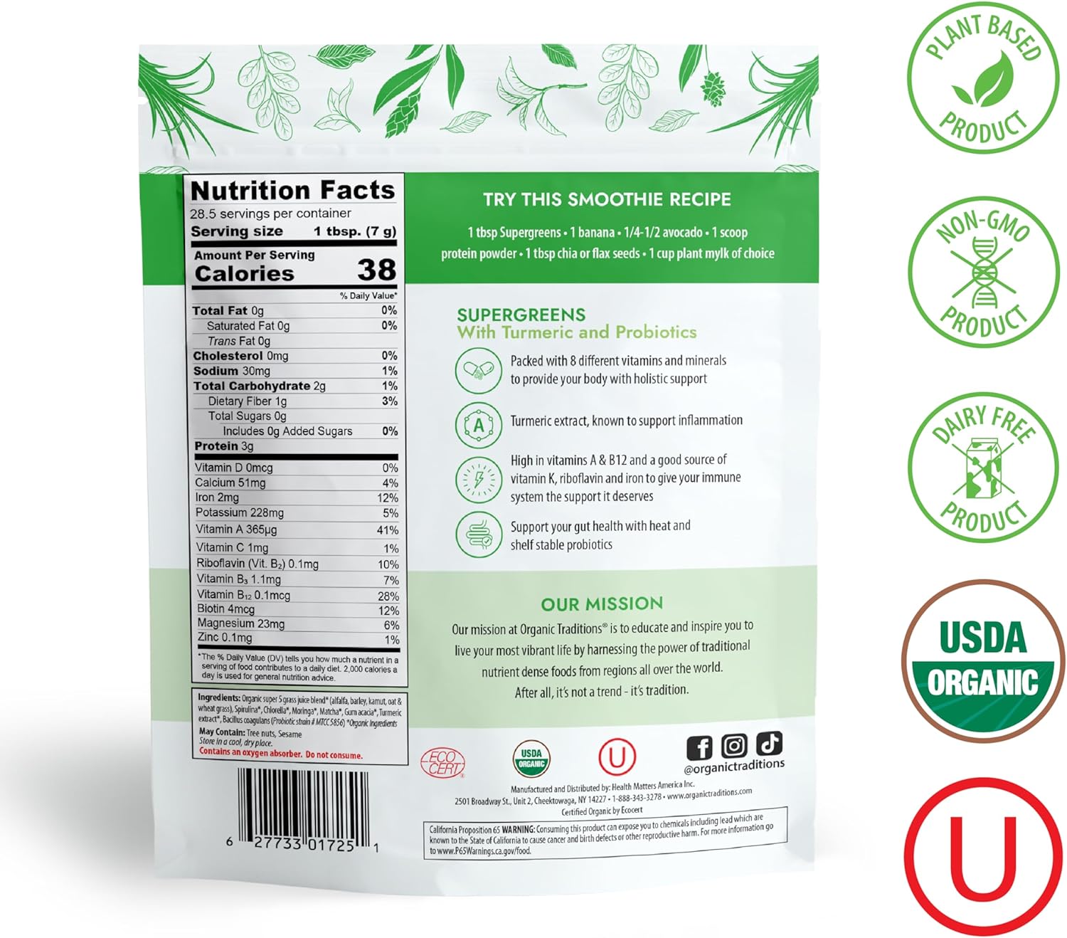 Organic Traditions Super Greens Powder with Turmeric - 200g Bag