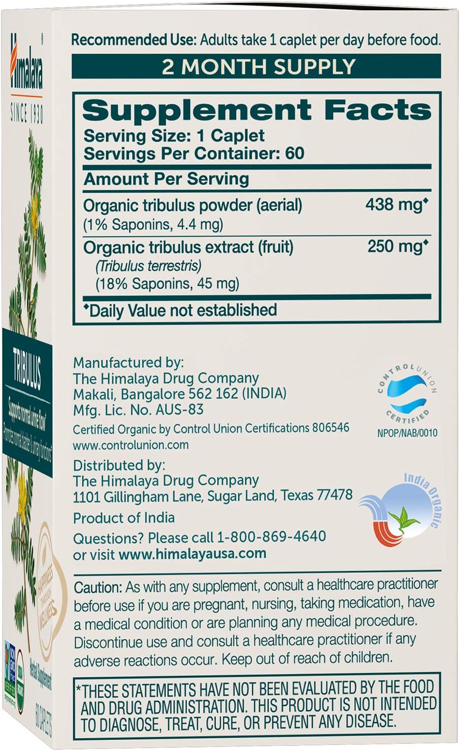 Organic Tribulus Terrestris Supplement for Urinary & Prostate Support - 688 mg Caplets for Male Energy & Stamina, Non-GMO & Vegan - 60 Count