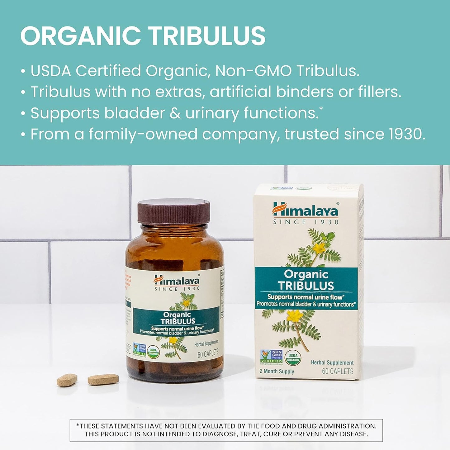 Organic Tribulus Terrestris Supplement for Urinary & Prostate Support - 688 mg Caplets for Male Energy & Stamina, Non-GMO & Vegan - 60 Count