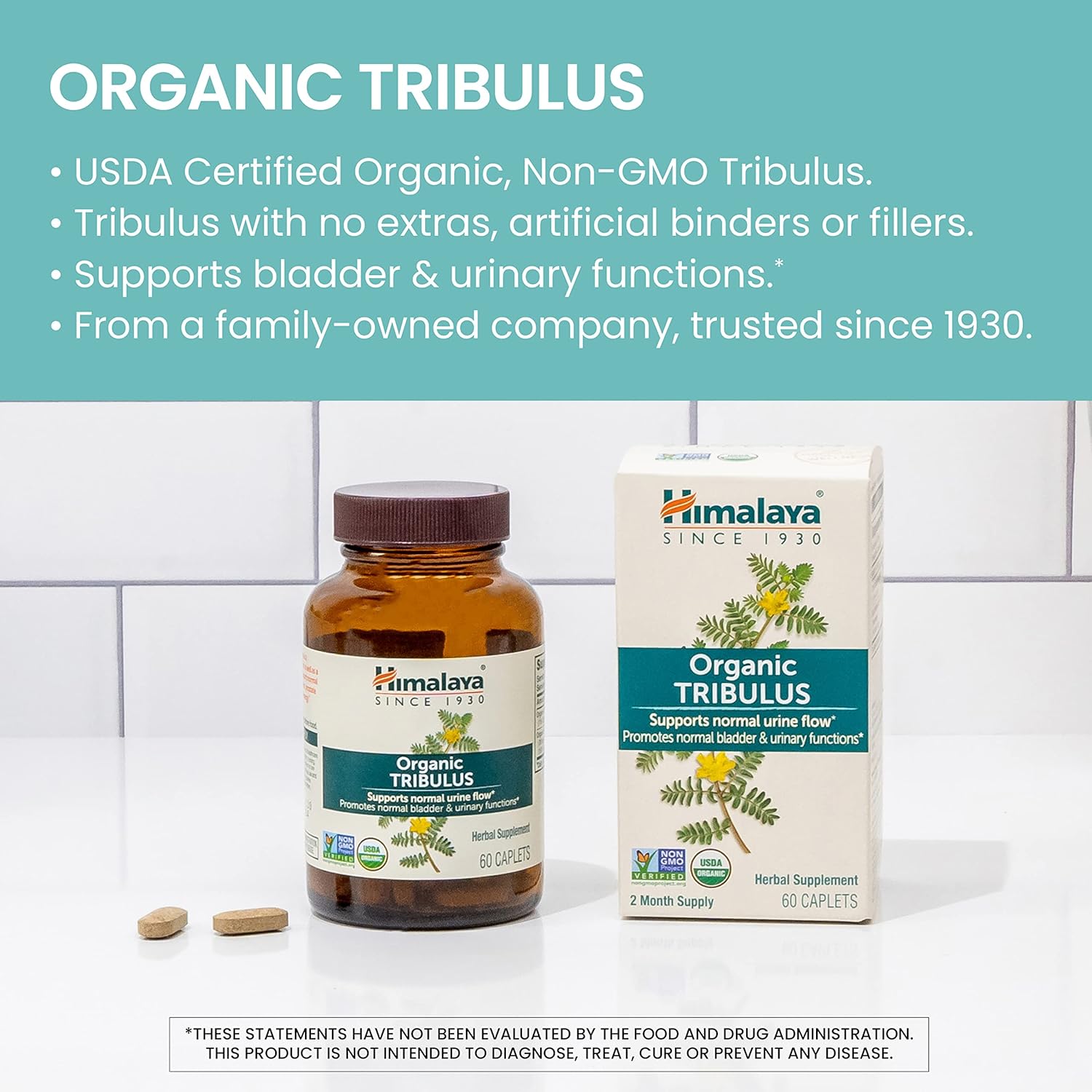 Organic Tribulus Terrestris Supplement for Urinary & Prostate Support - 688 mg Caplets for Male Energy & Stamina, Non-GMO & Vegan - 60 Count