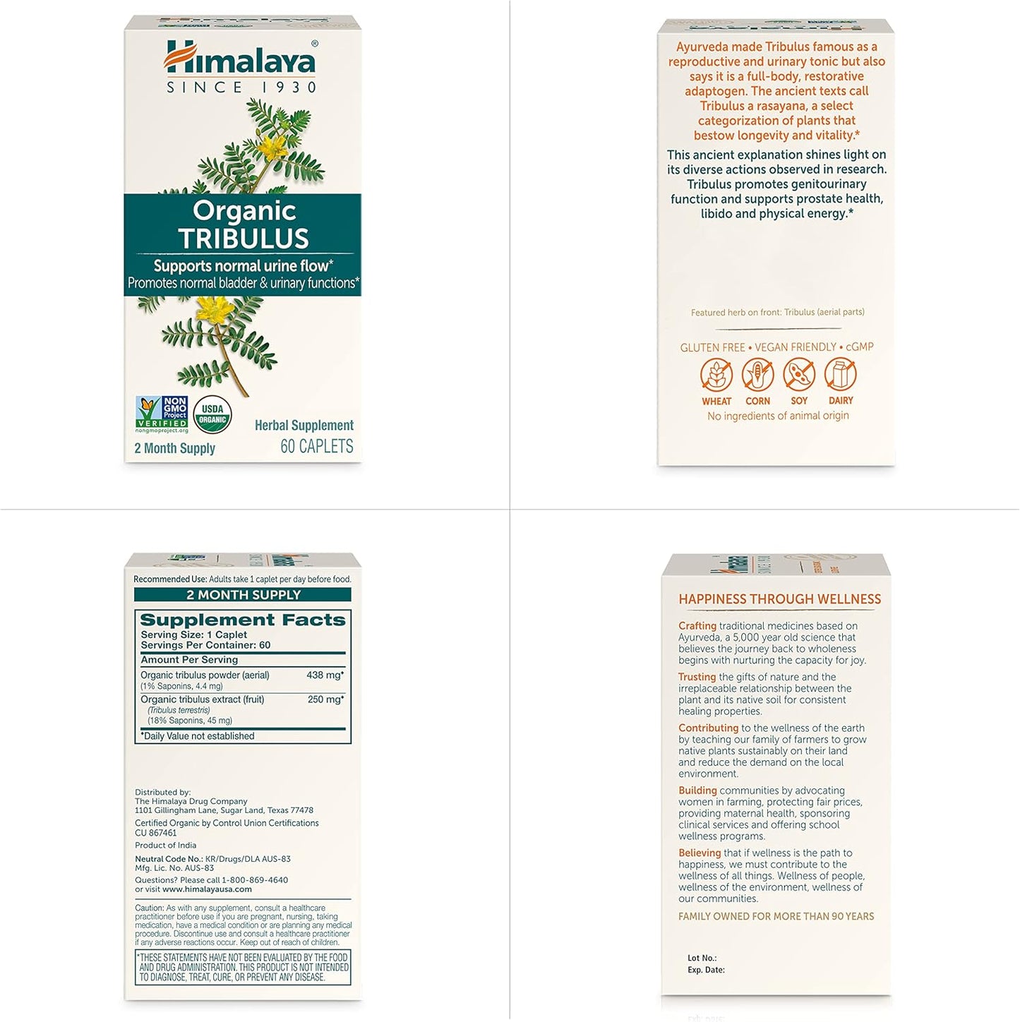 Organic Tribulus Terrestris Supplement for Urinary & Prostate Support - 688 mg Caplets for Male Energy & Stamina, Non-GMO & Vegan - 60 Count