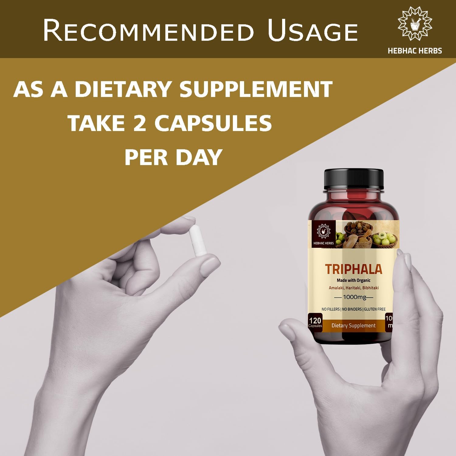 Organic Triphala Capsules 1000mg - Colon Cleanser & Detoxifier - 120 Capsules - Immune Support Supplement - USDA Certified - Non-GMO & Gluten Free