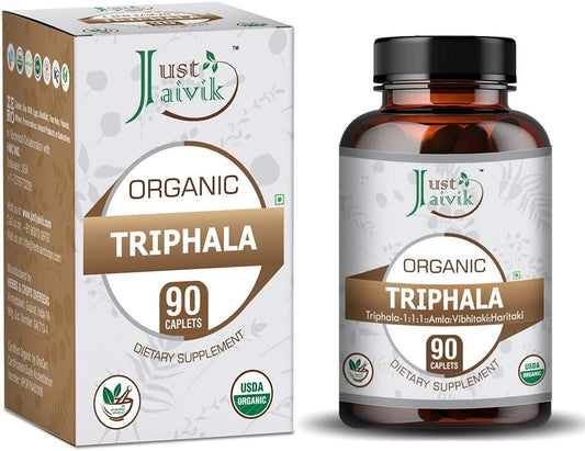 Organic Triphala Tablets - 750mg (90 Pack) | Dietary Supplement for Detox & Rejuvenation with Amla, Bibhitaki, Haritaki | Just Jaivik