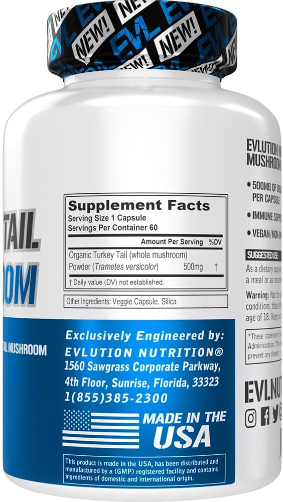 Organic Turkey Tail Mushroom Capsules - Immune Support Dietary Supplement - Vegan & Non-GMO - 60 Servings