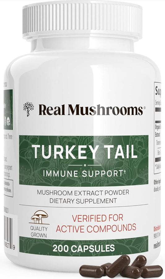 Organic Turkey Tail Mushroom Capsules - Potent Extract for Gut, Energy, Brain, Immune Support - Vegan & Non-GMO - 200 Capsules
