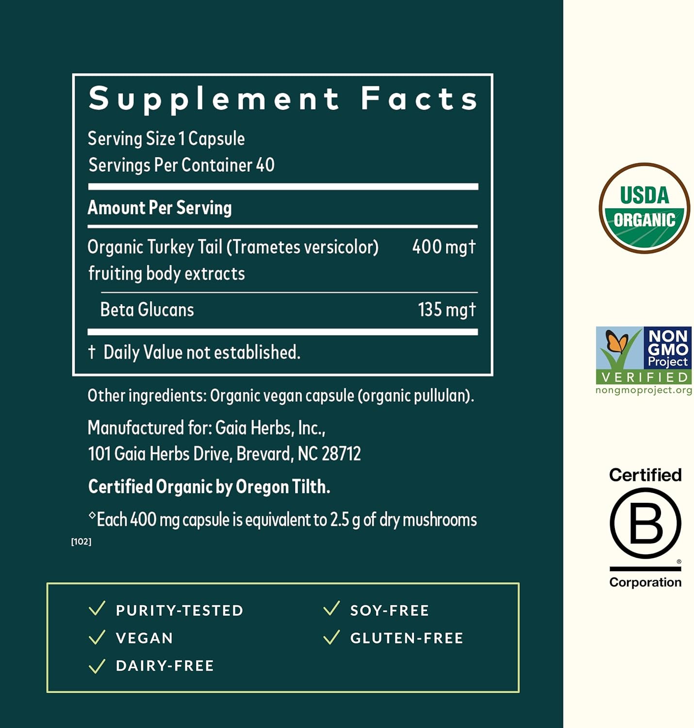 Organic Turkey Tail Mushroom Immune Support Supplement for Liver Health - 40 Vegan Capsules
