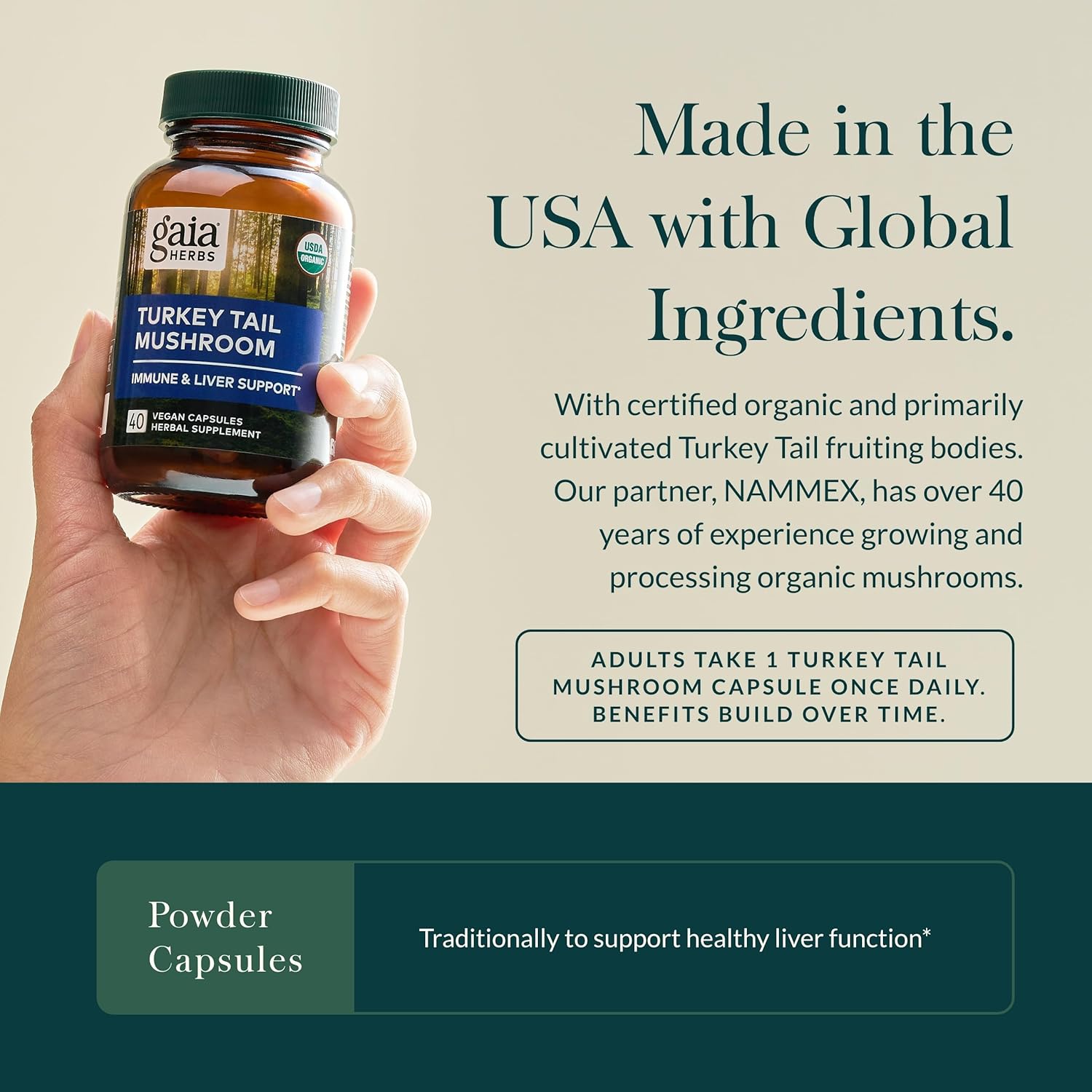 Organic Turkey Tail Mushroom Immune Support Supplement for Liver Health - 40 Vegan Capsules