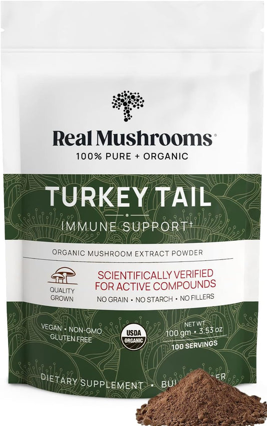 Organic Turkey Tail Mushroom Powder - Potent Gut, Energy, Brain, Immune Support Supplement - Vegan, Non-GMO - 100 Servings