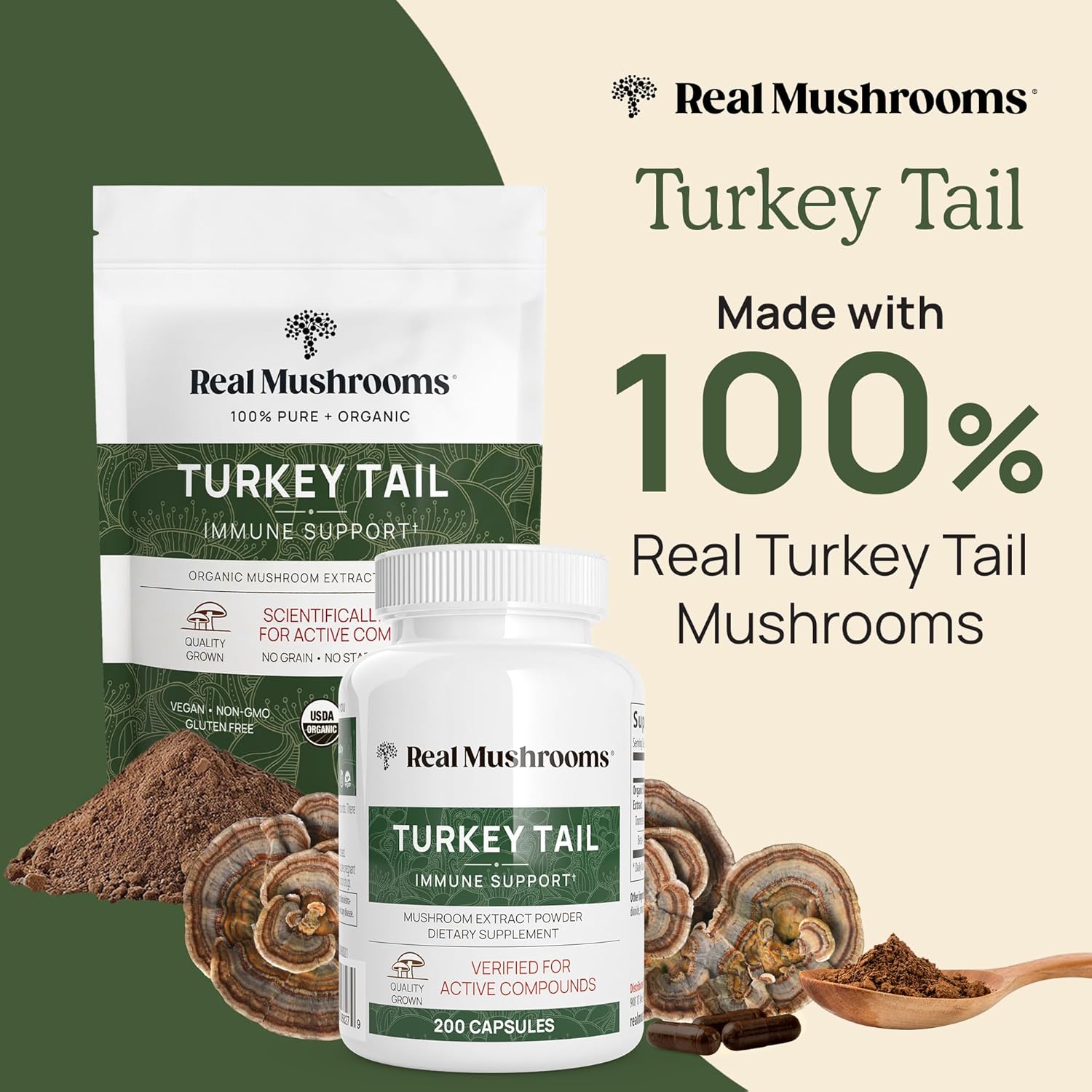 Organic Turkey Tail Mushroom Powder - Potent Gut, Energy, Brain, Immune Support Supplement - Vegan, Non-GMO - 100 Servings