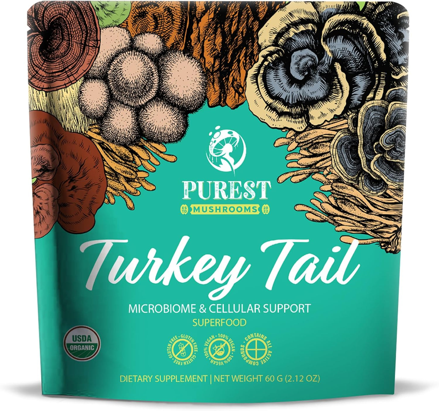 Organic Turkey Tail Mushroom Powder Supplement for Microbiome & Cellular Support - 60g